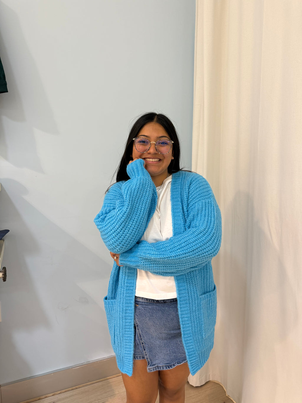 blue knit cardigan