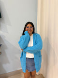 blue knit cardigan