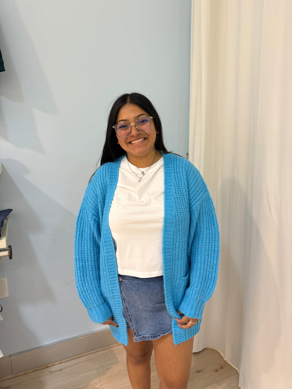 blue knit cardigan