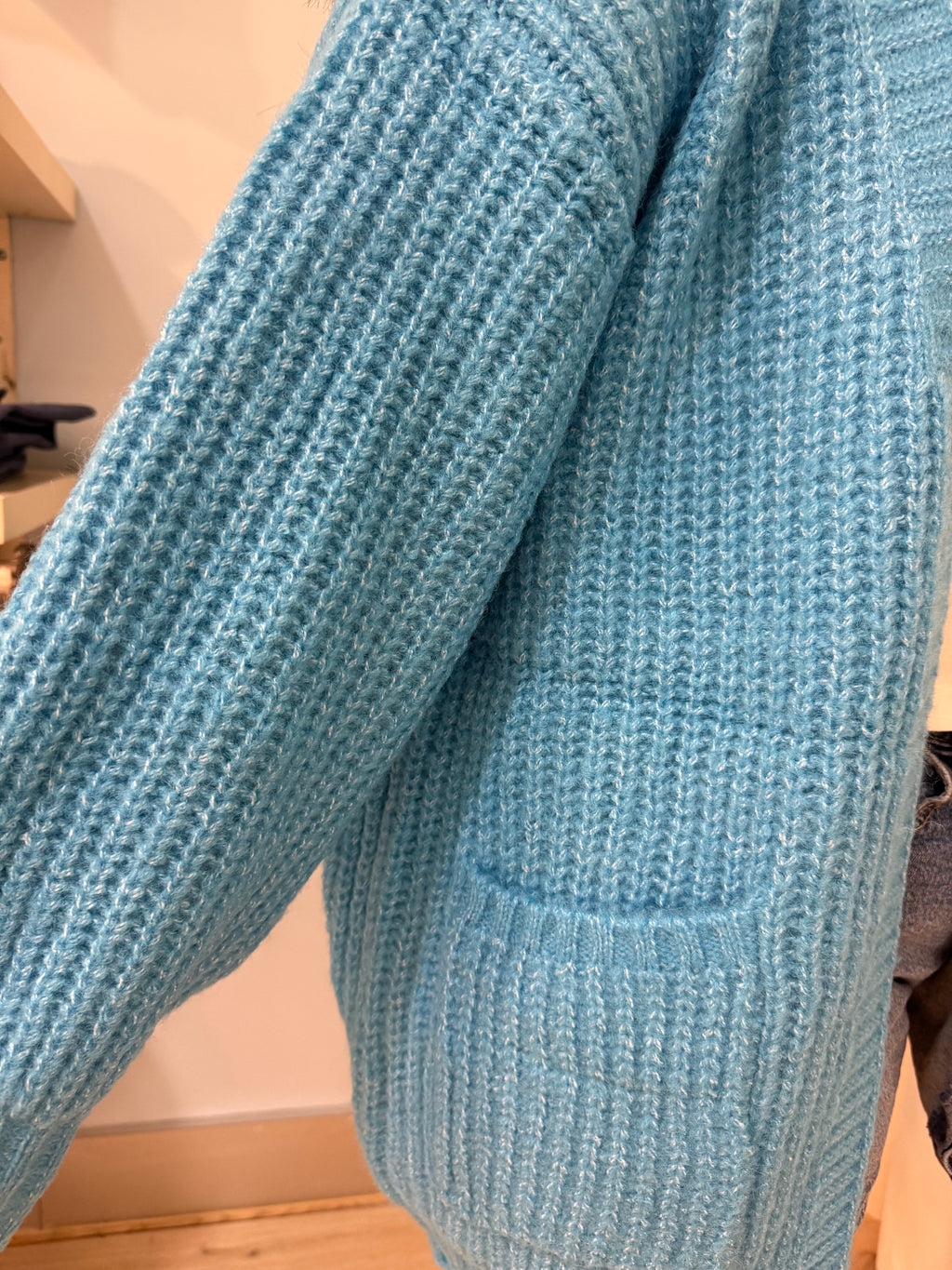 blue knit cardigan