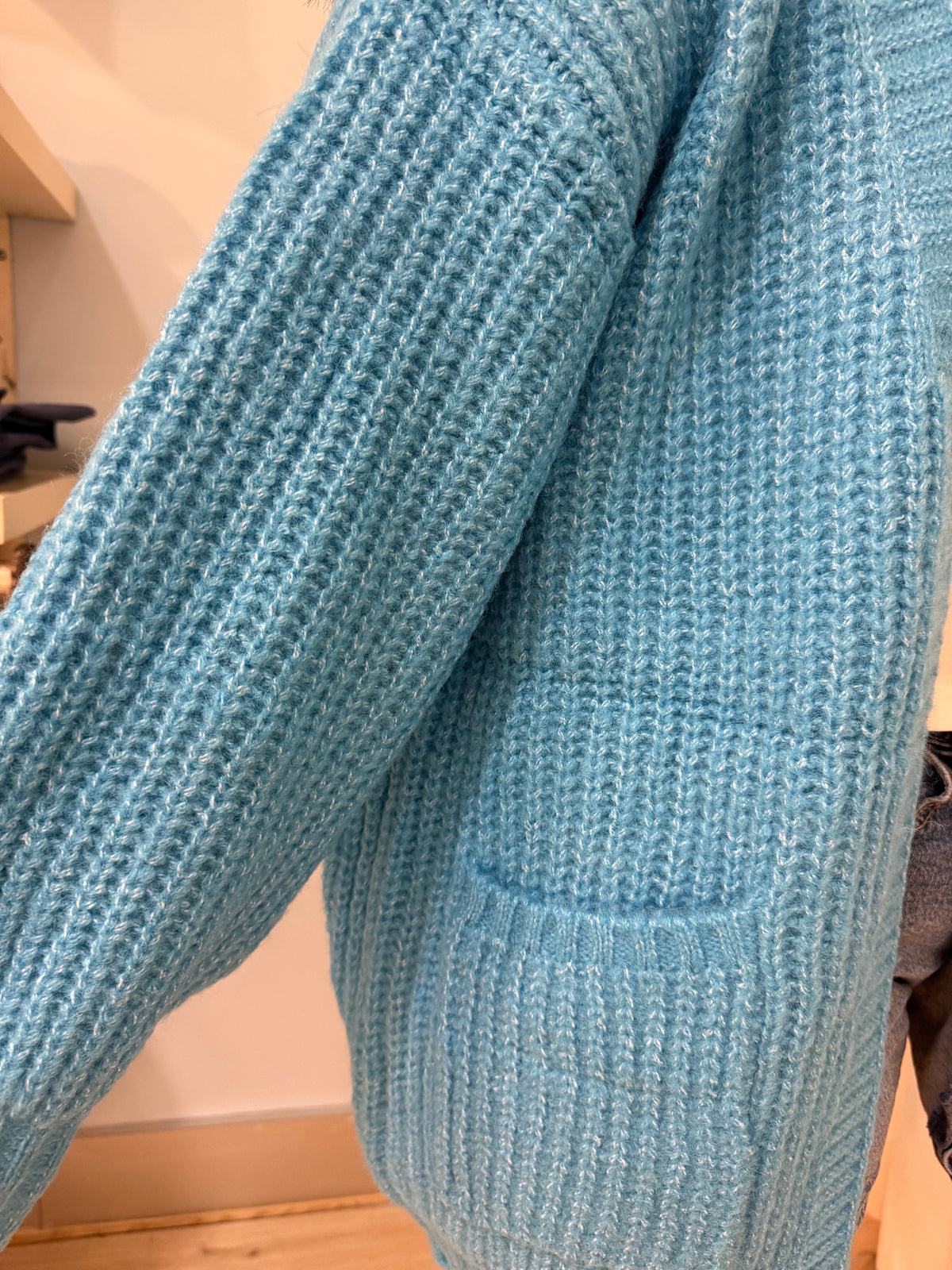 blue knit cardigan