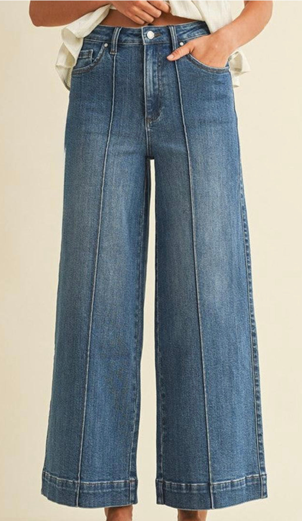 STRETCH HIGH RISE PIN TUCK DETAIL WIDE LEG JEAN