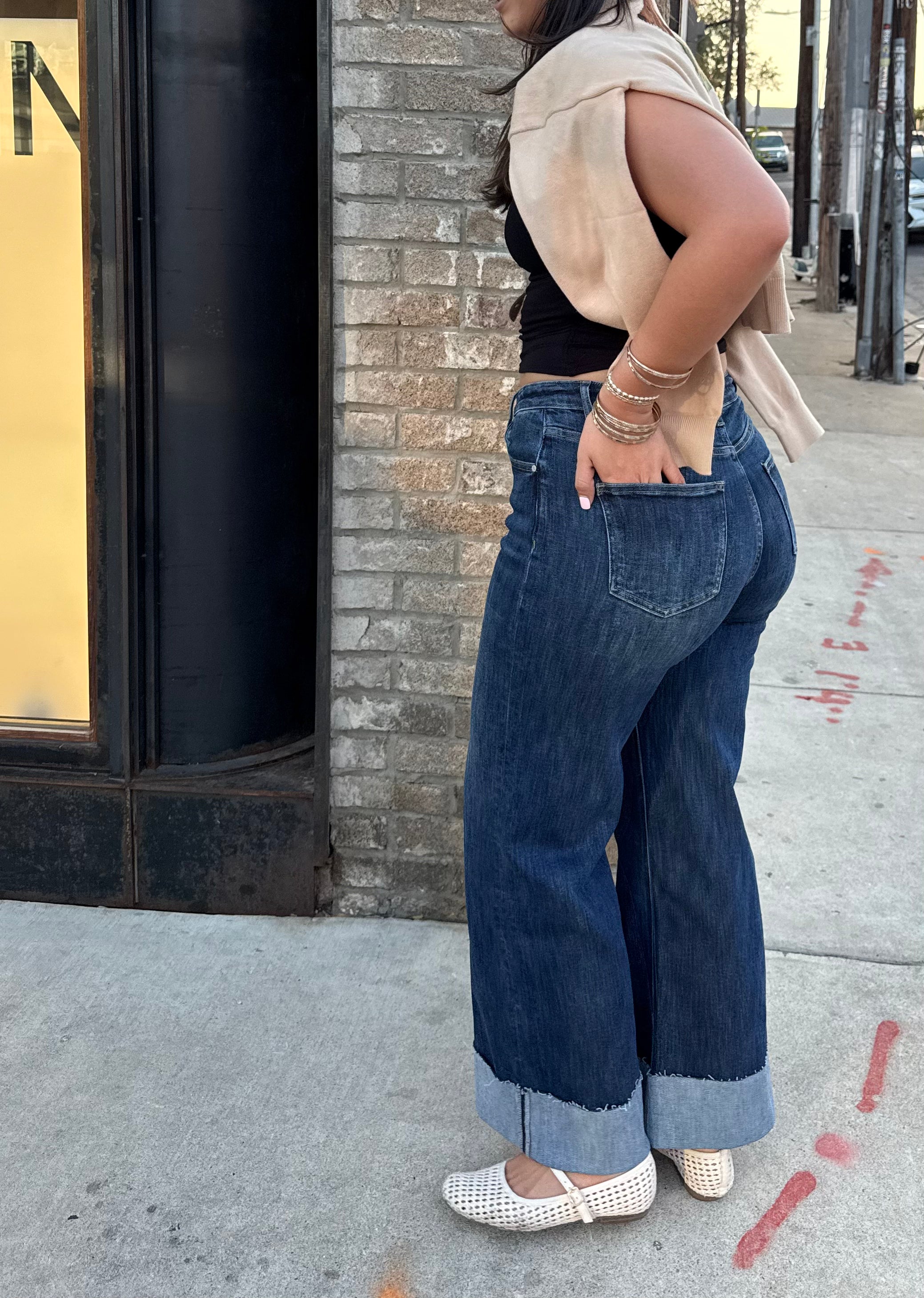 90S STRETCH CUFFED HEM HIGH RISE STRAIGHT JEANS