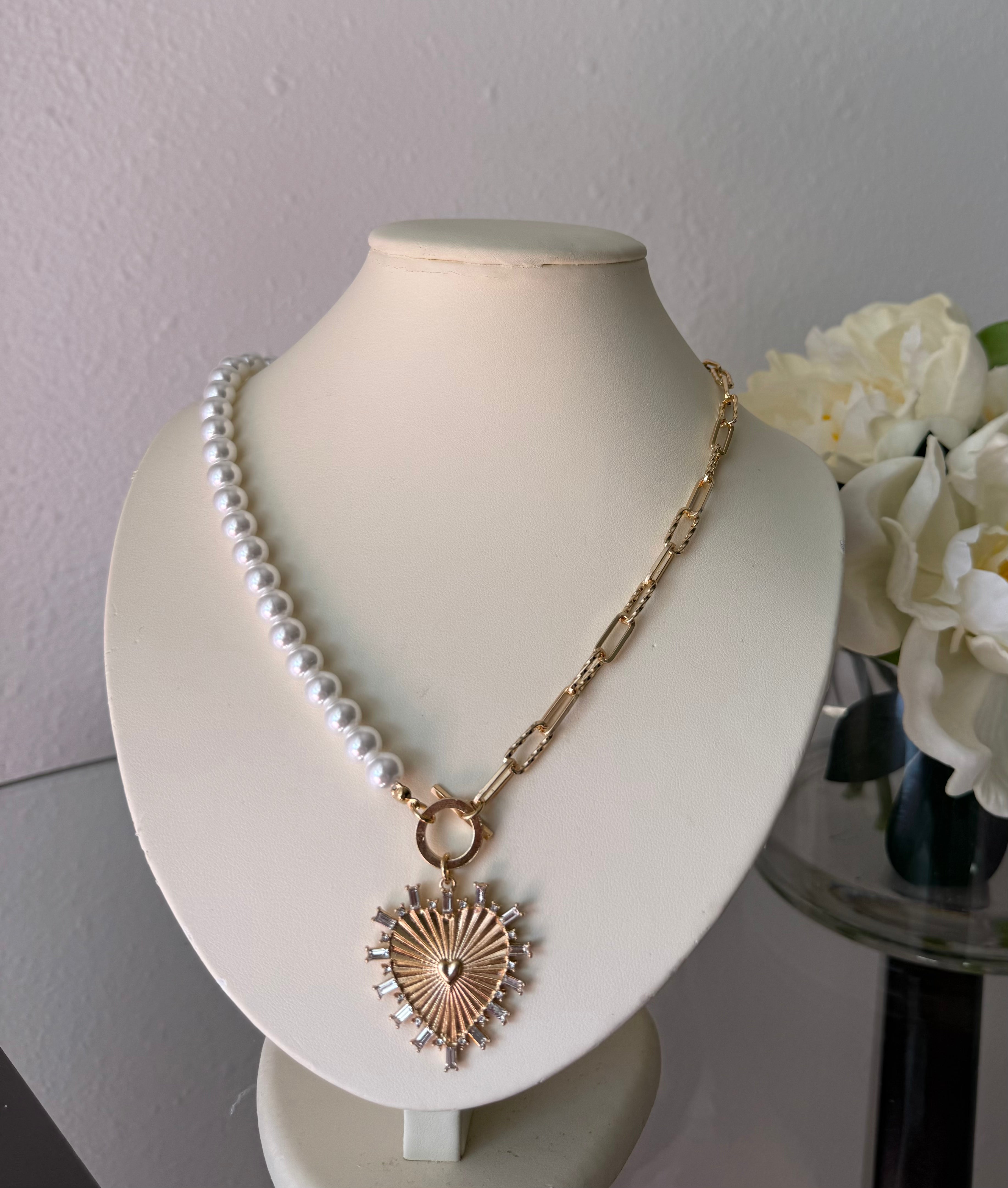 pearl and gold heart necklace
