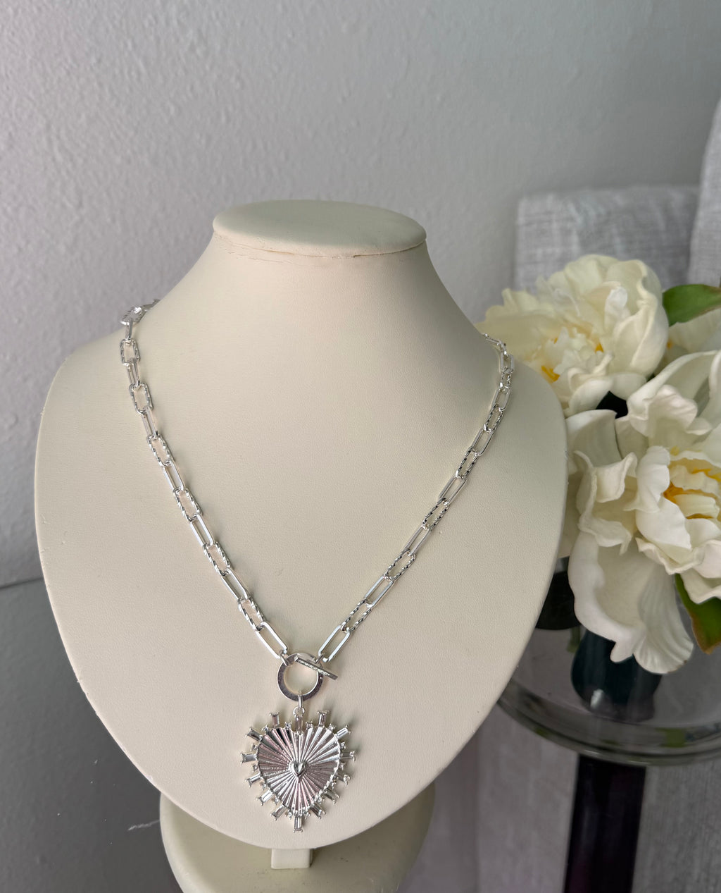 silver heart necklace and earring set