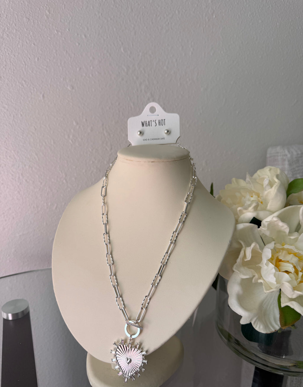 silver heart necklace and earring set