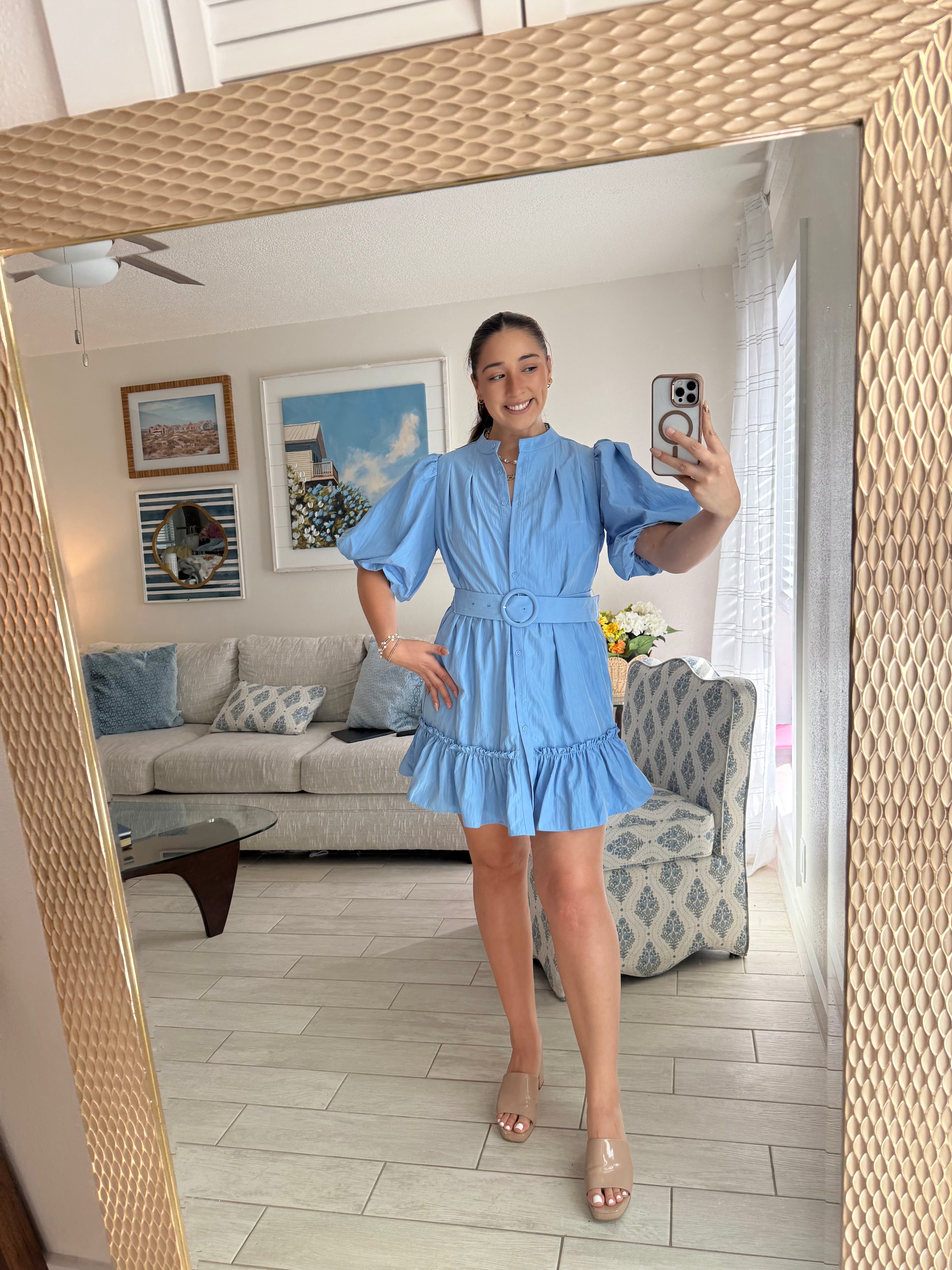 puff sleeve dress w chunky belt