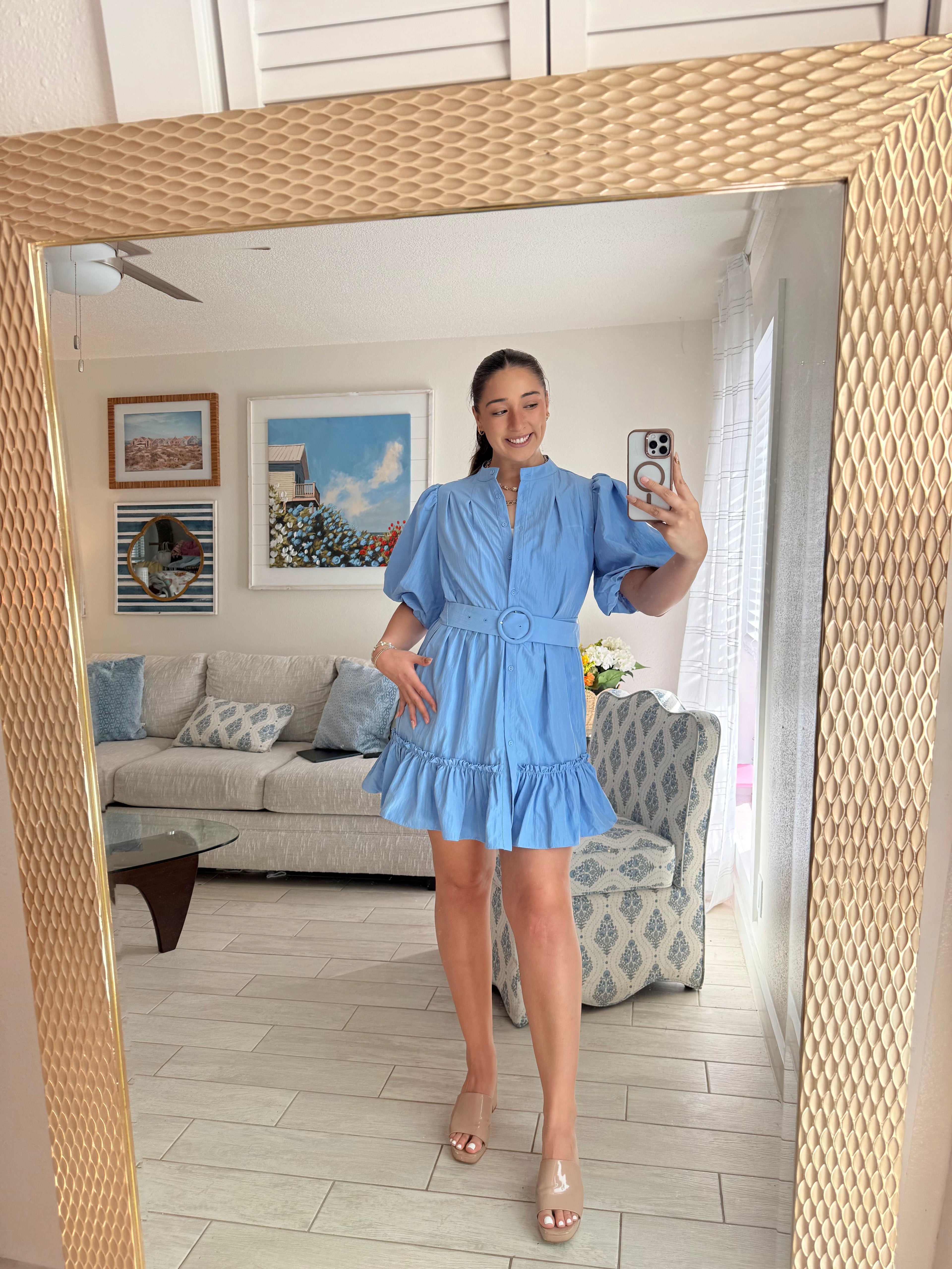 puff sleeve dress w chunky belt