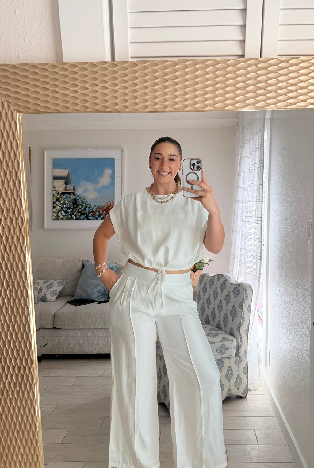 silky short sleeve relaxed drawstring top