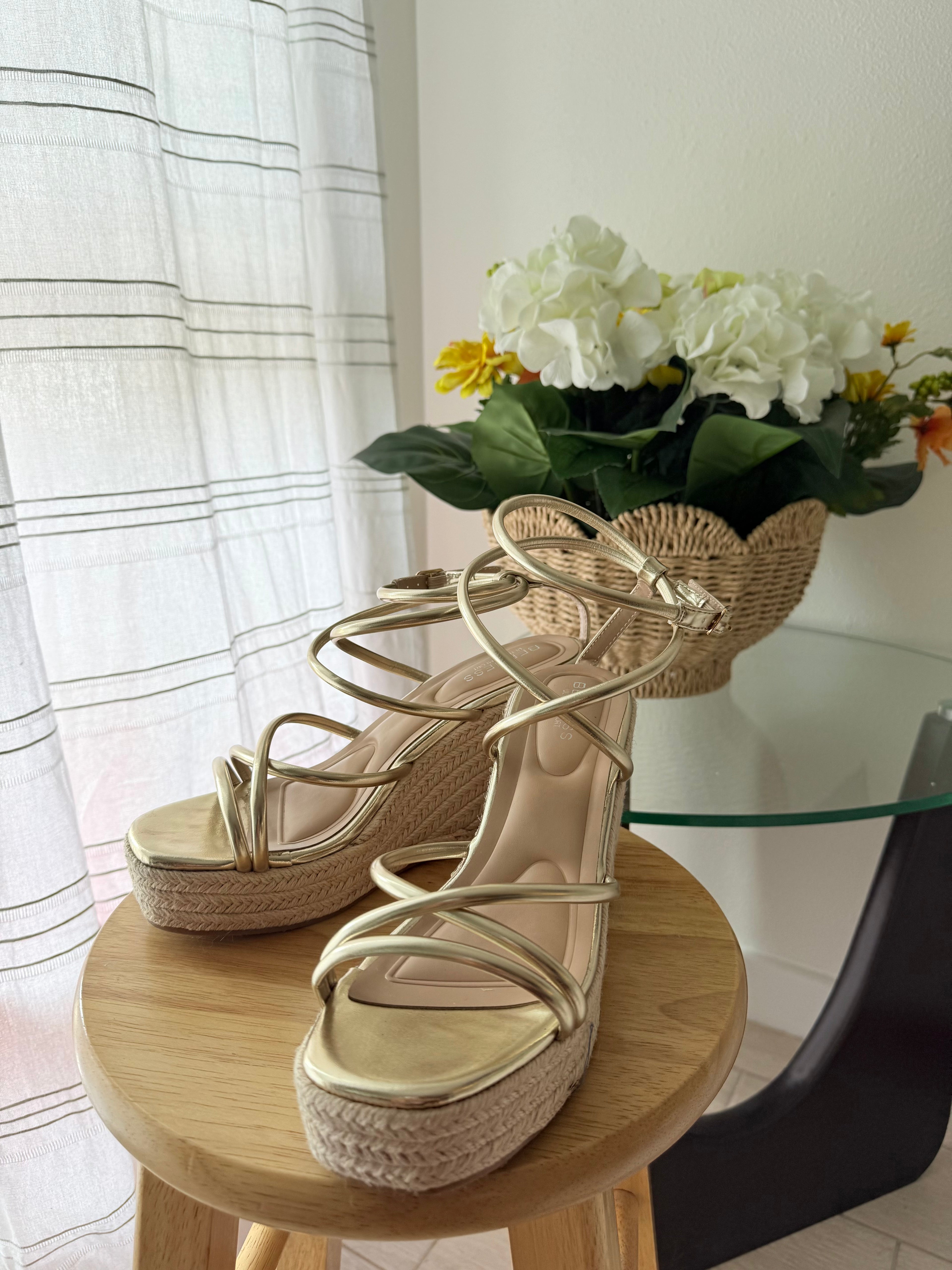gold strappy wedges