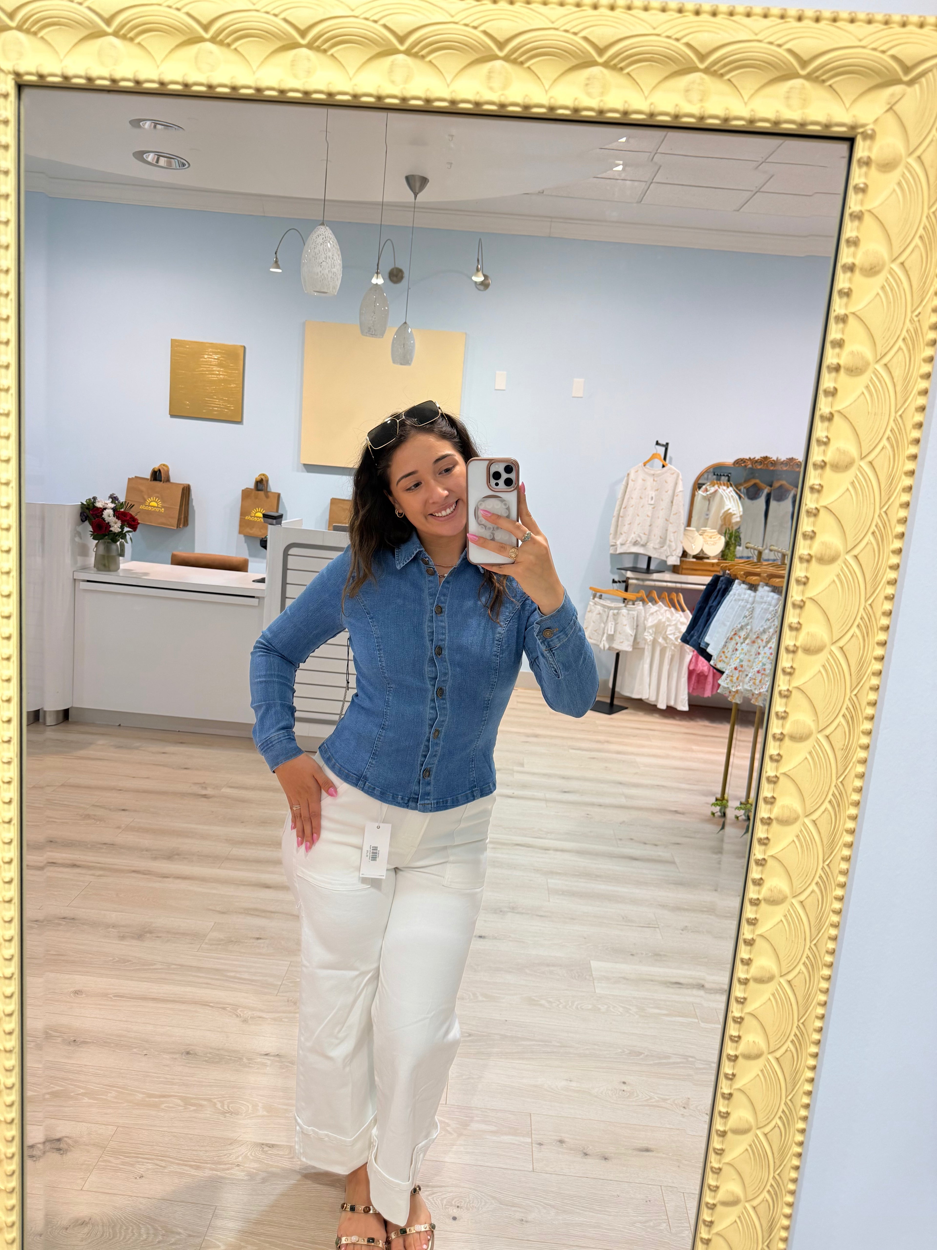 fitted jean button up long sleeve top