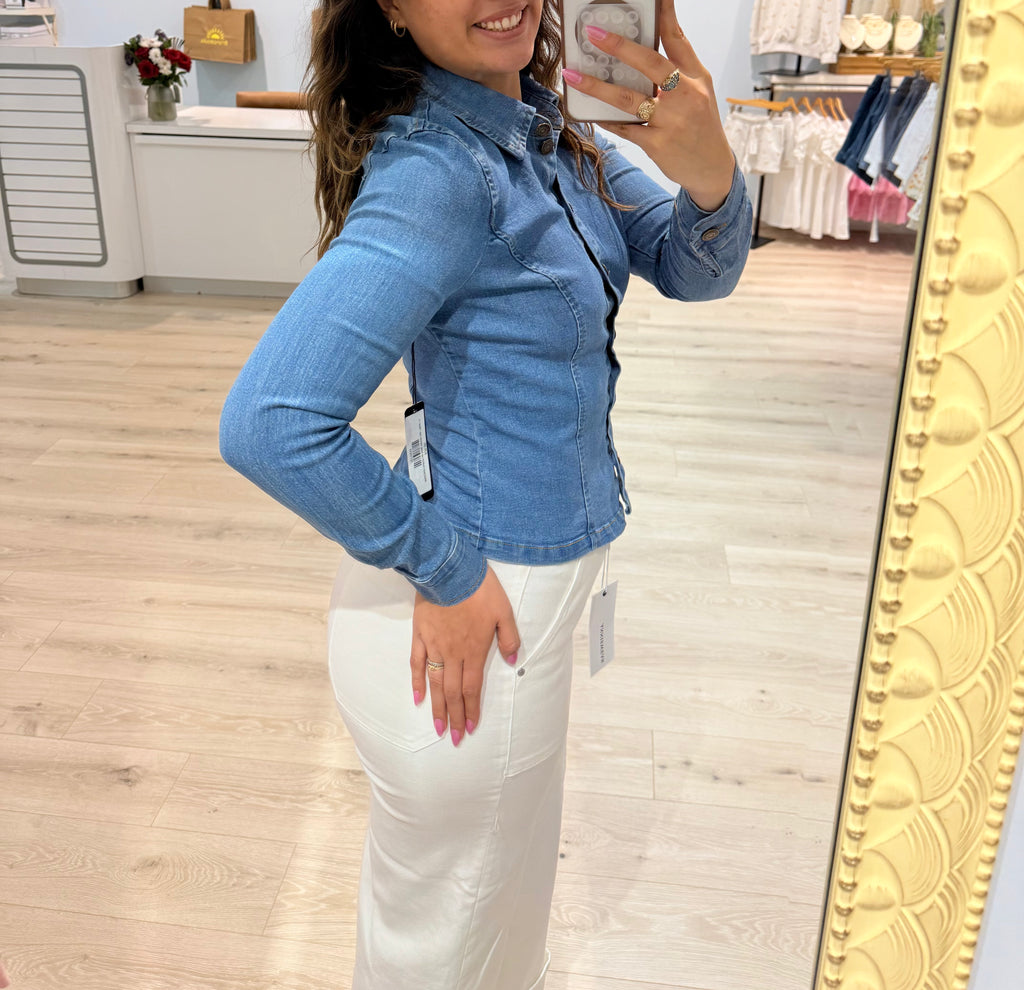 fitted jean button up long sleeve top