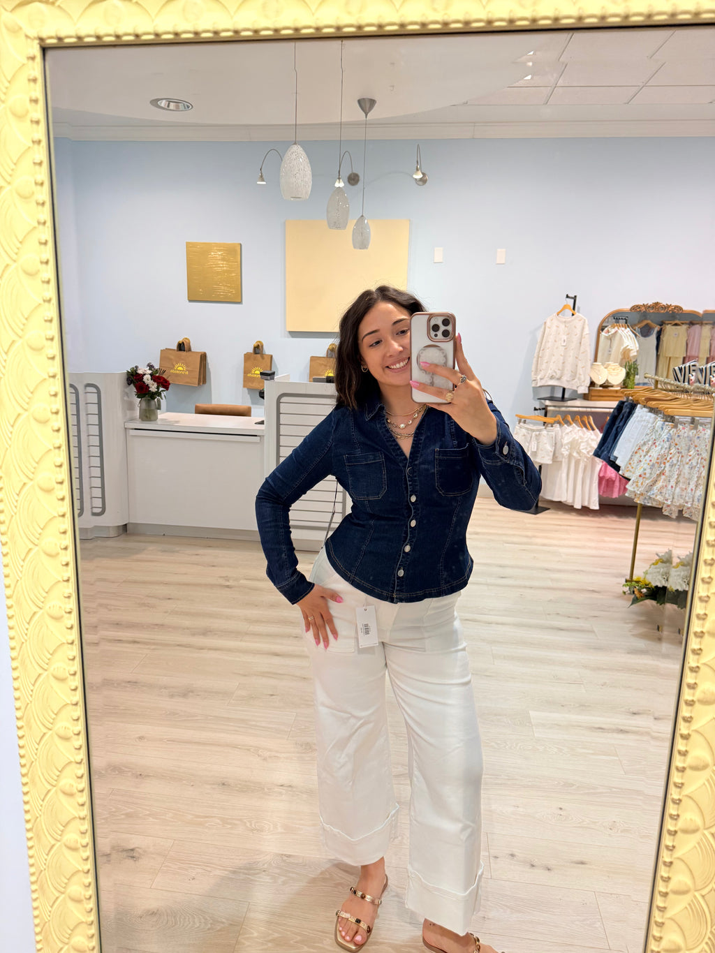 fitted jean button up long sleeve top