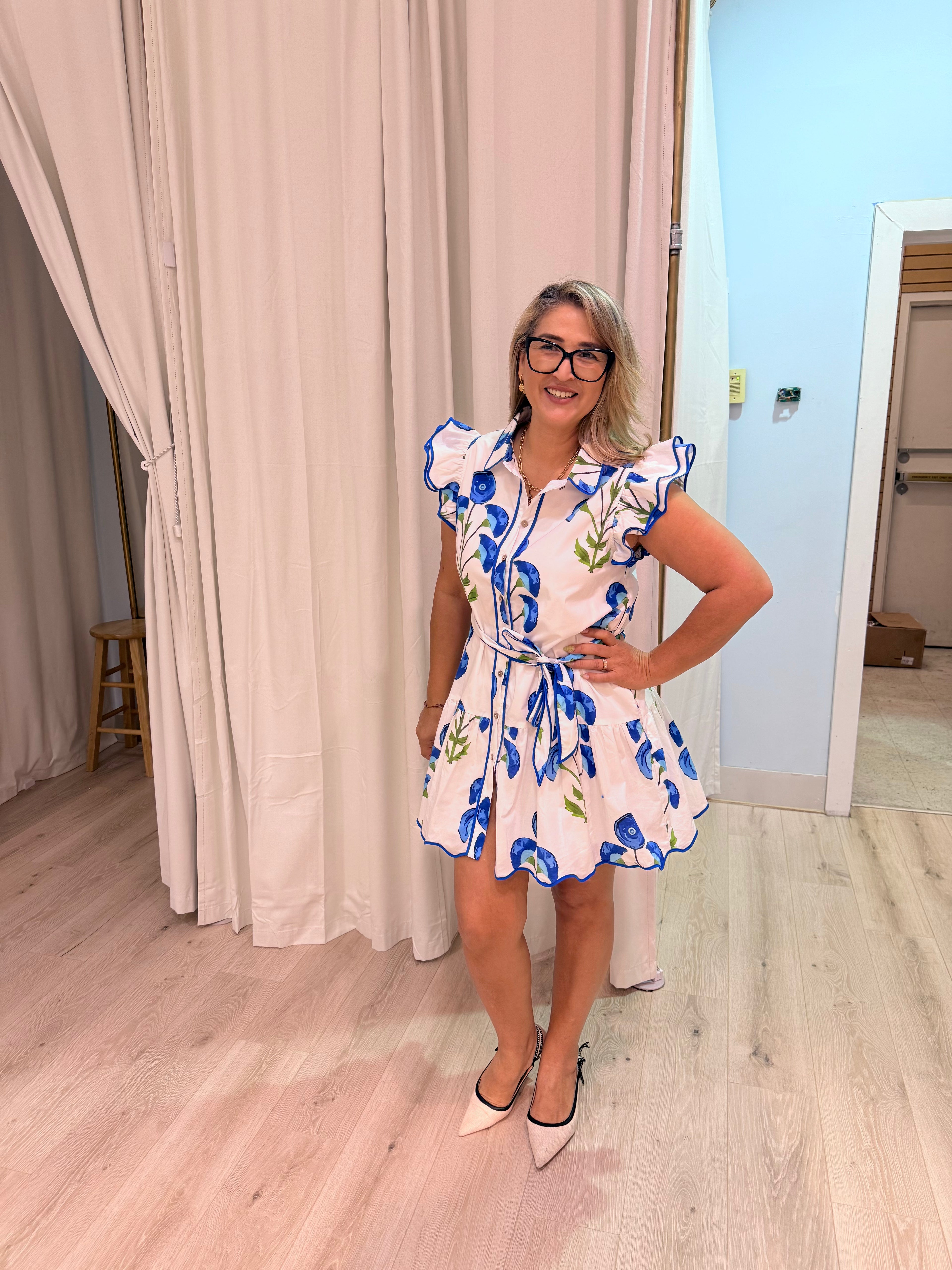 white blue trim floral dress