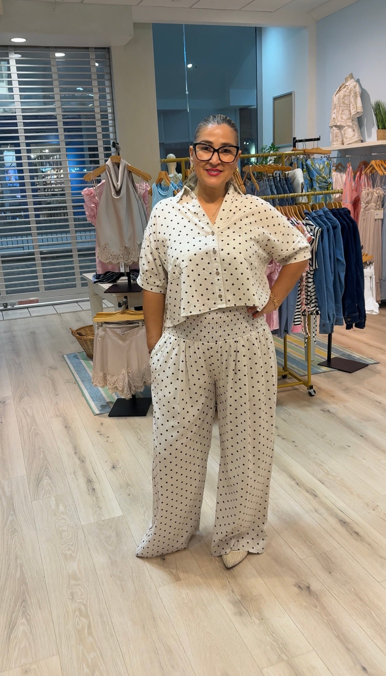 wide leg polka dot pants