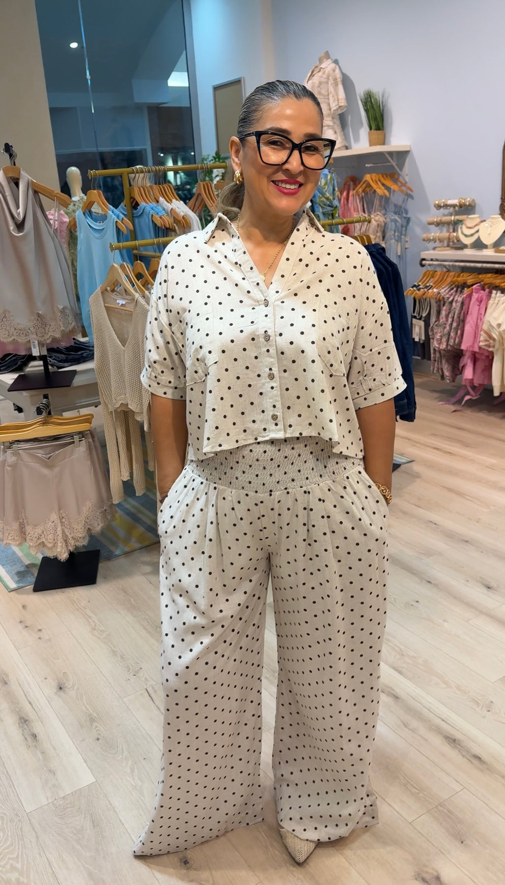 wide leg polka dot pants
