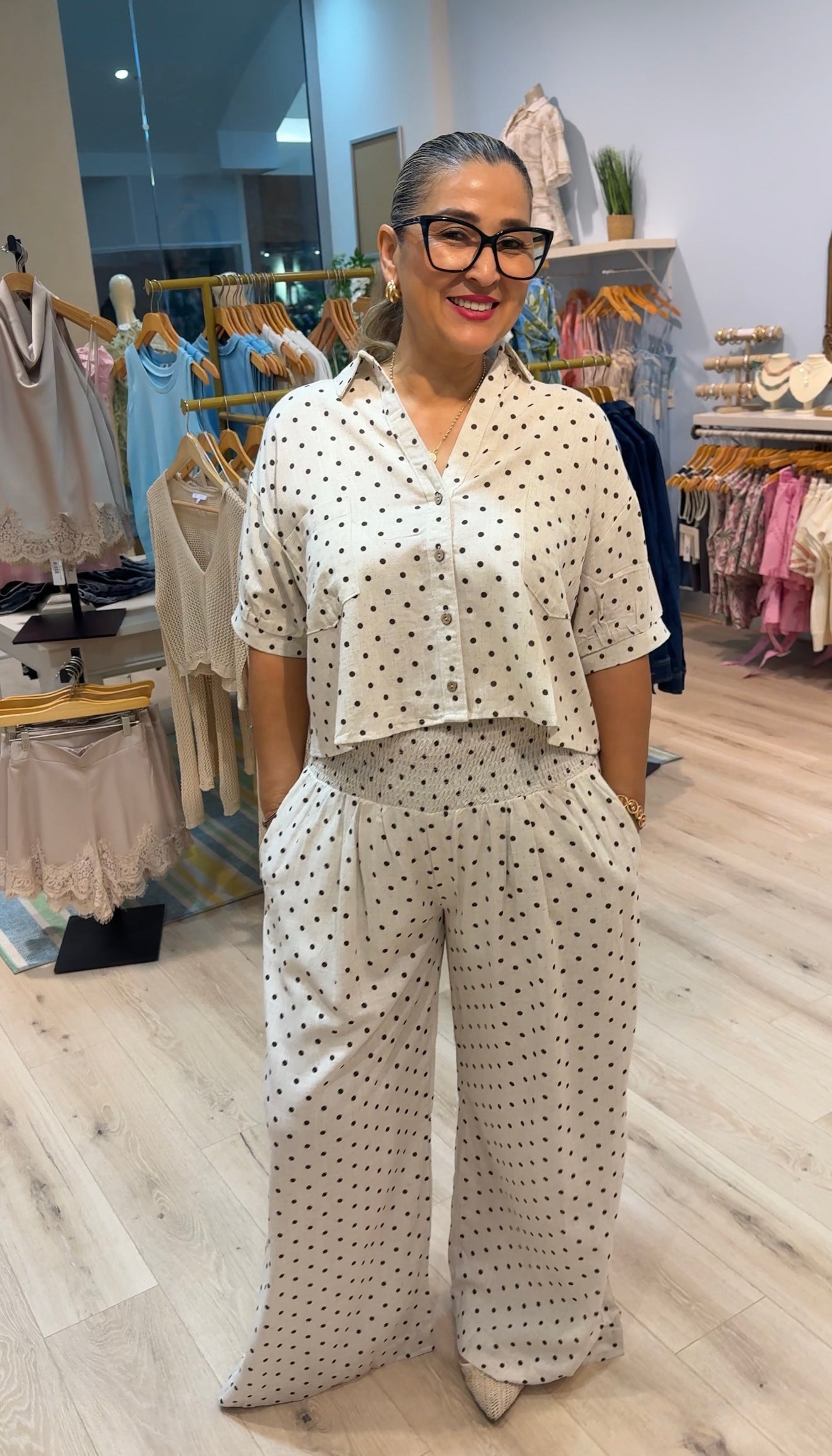 wide leg polka dot pants