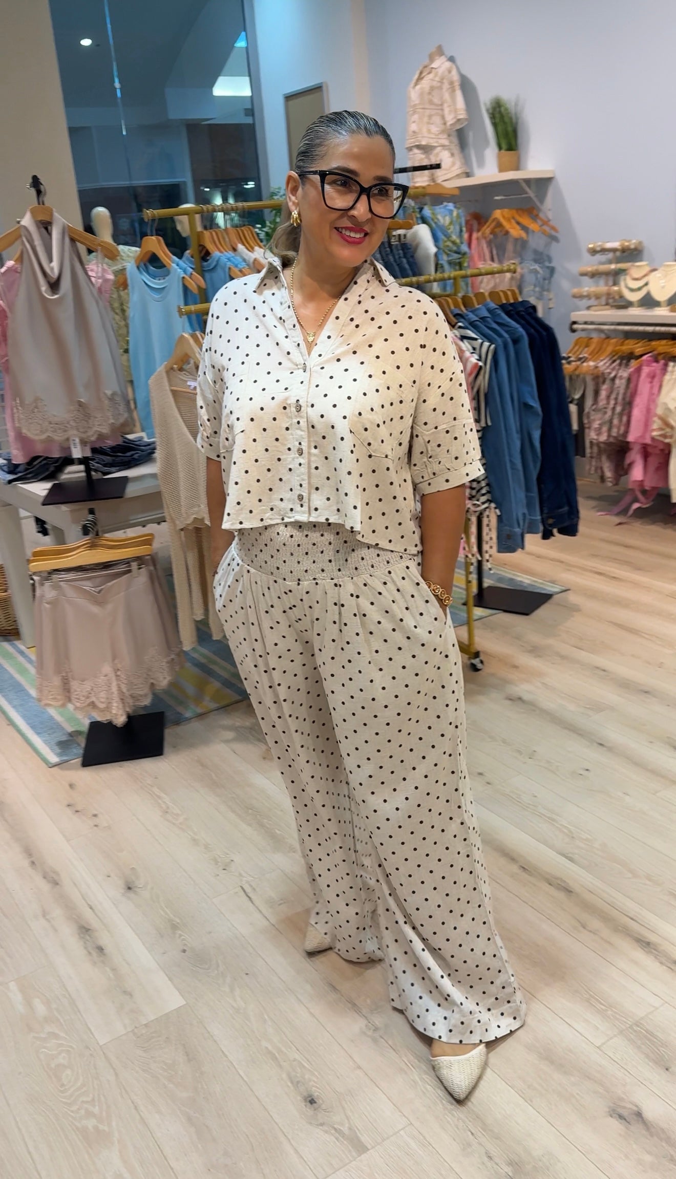 wide leg polka dot pants