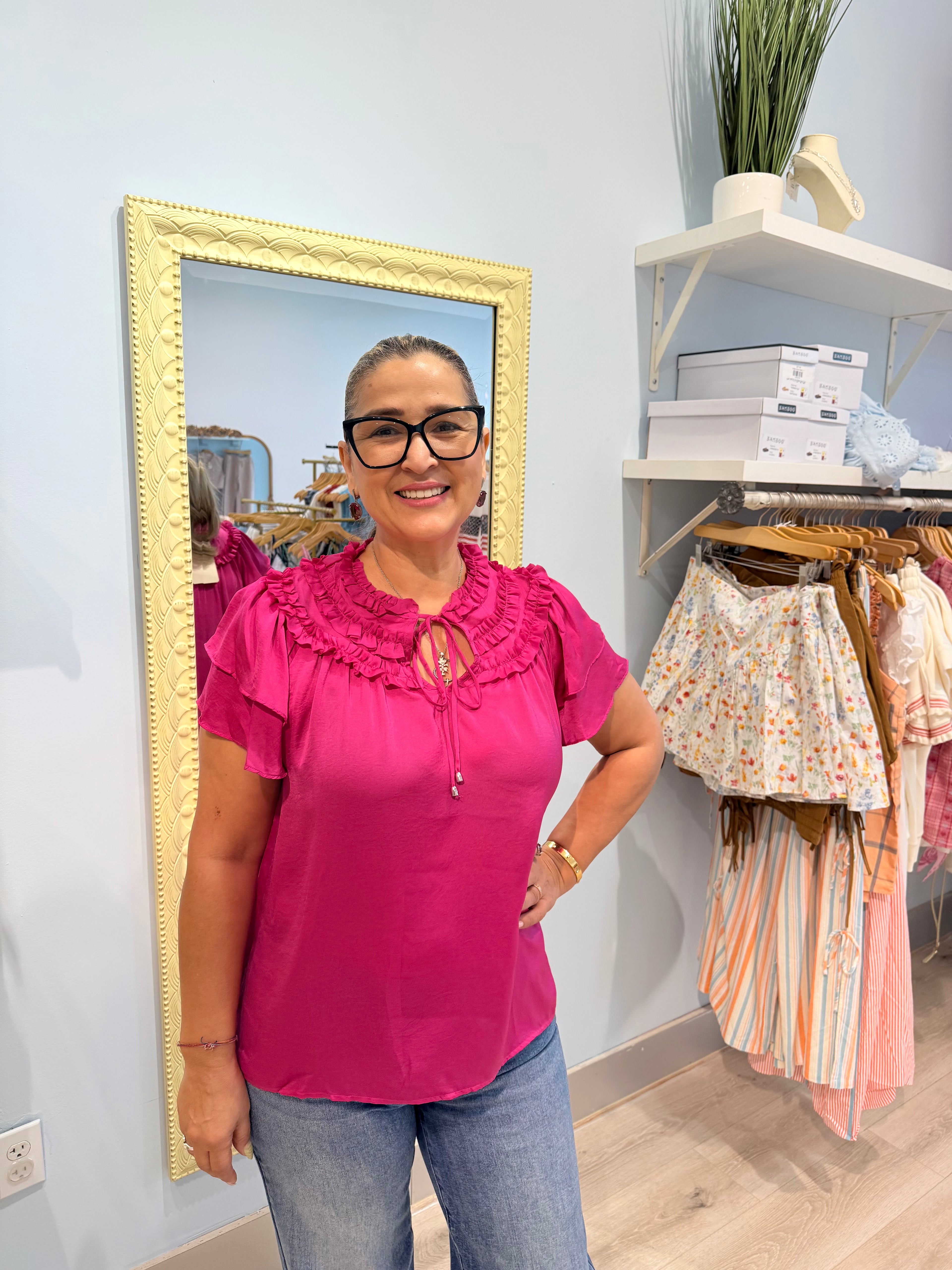 pink silky blouse