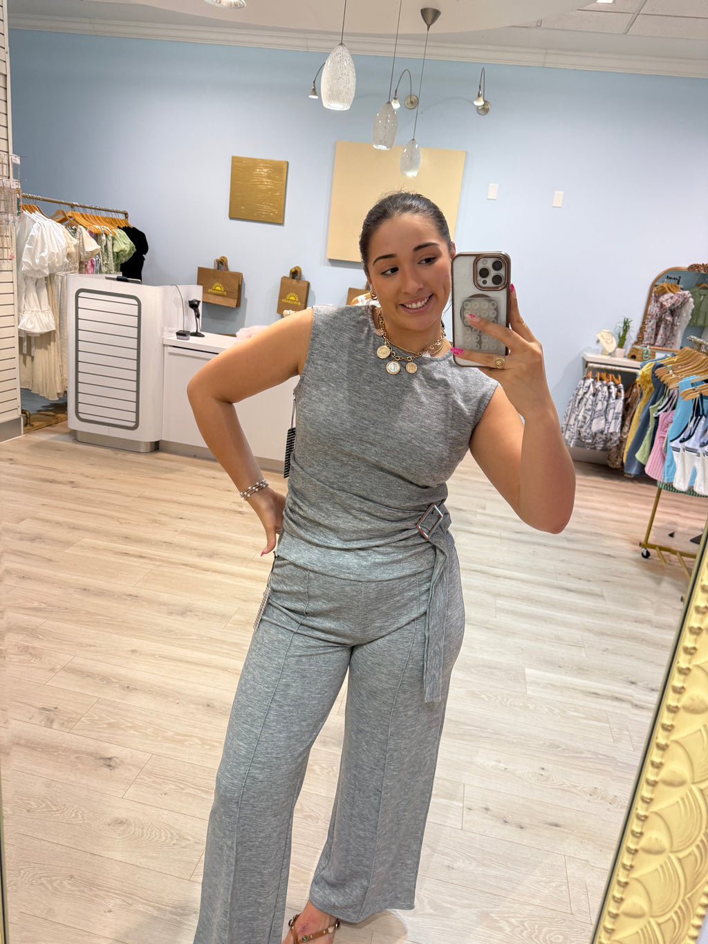 waist belted top pant set