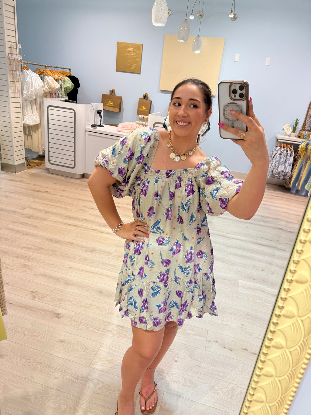 puff sleeve purple florals mini dress