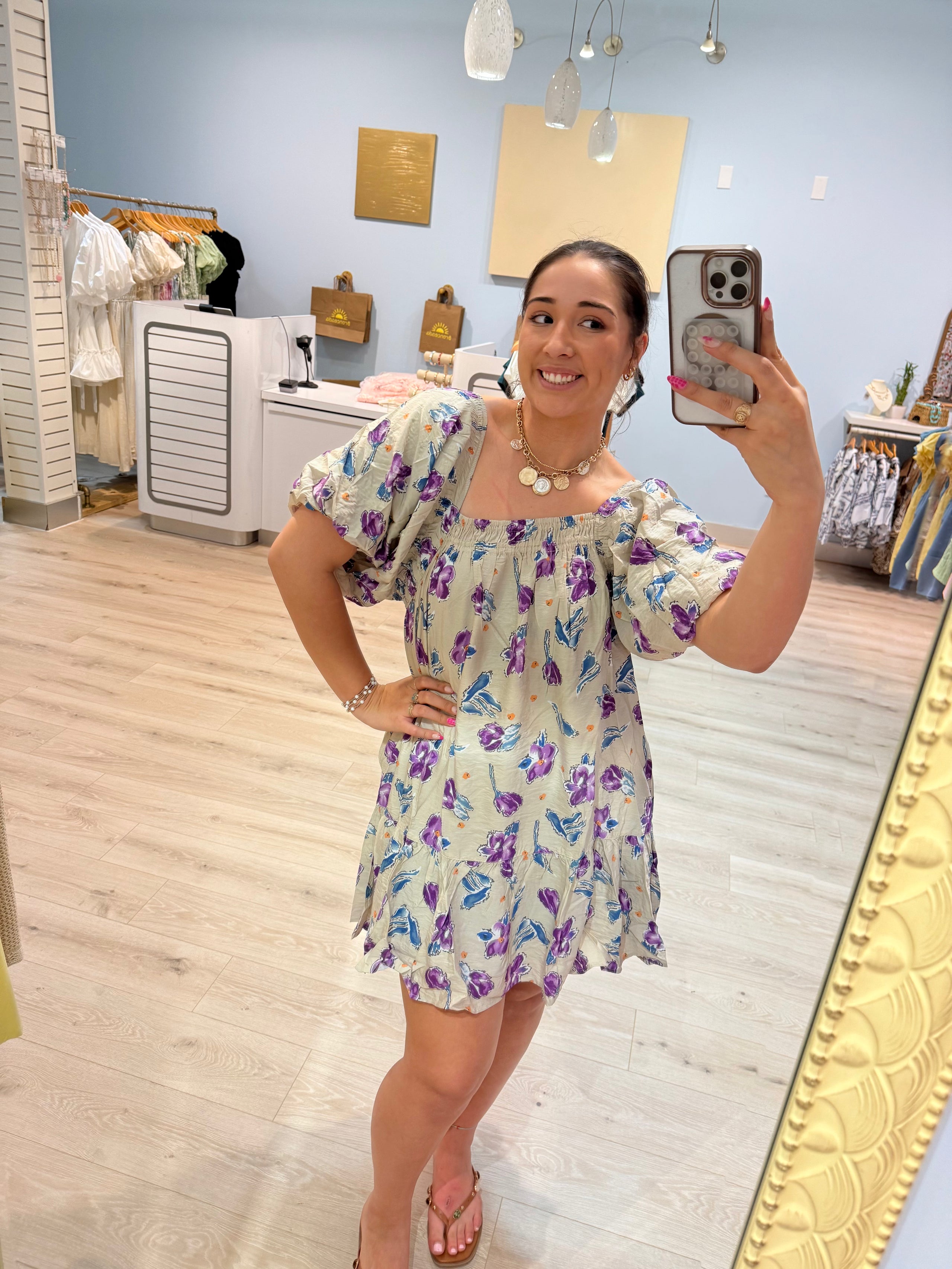 puff sleeve purple florals mini dress