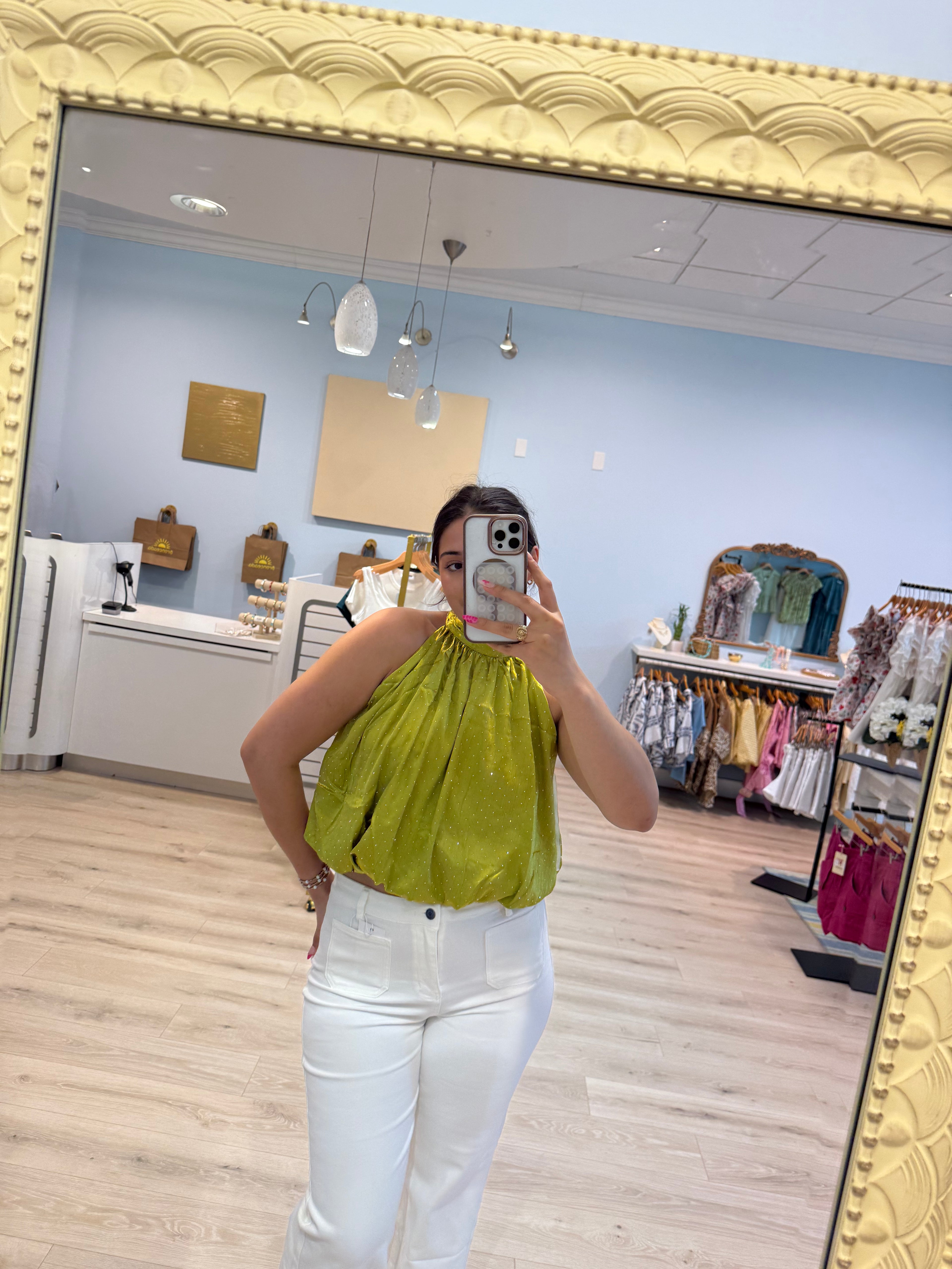 green halter bubbled blouse w/ diamonds
