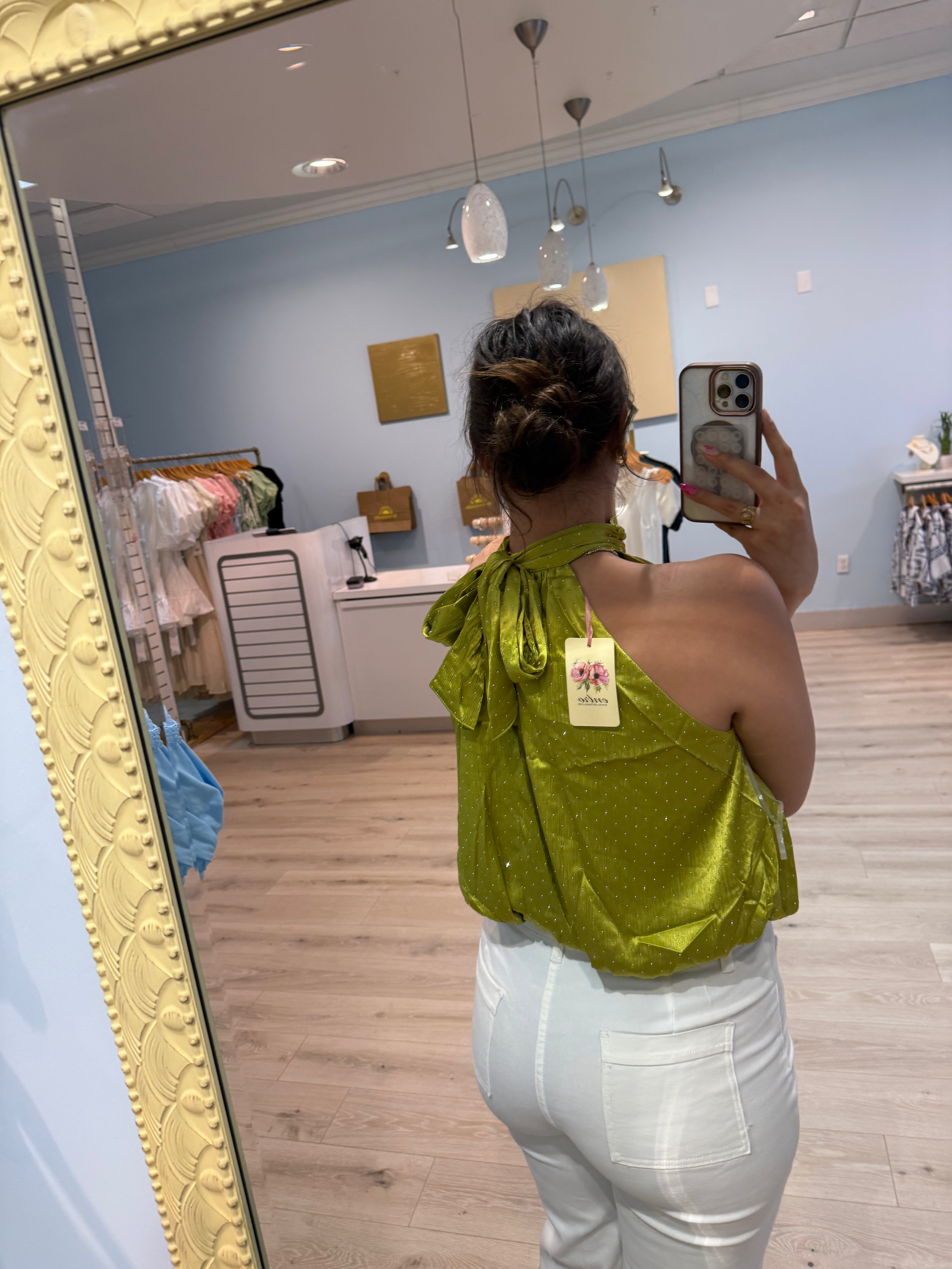 green halter bubbled blouse w/ diamonds
