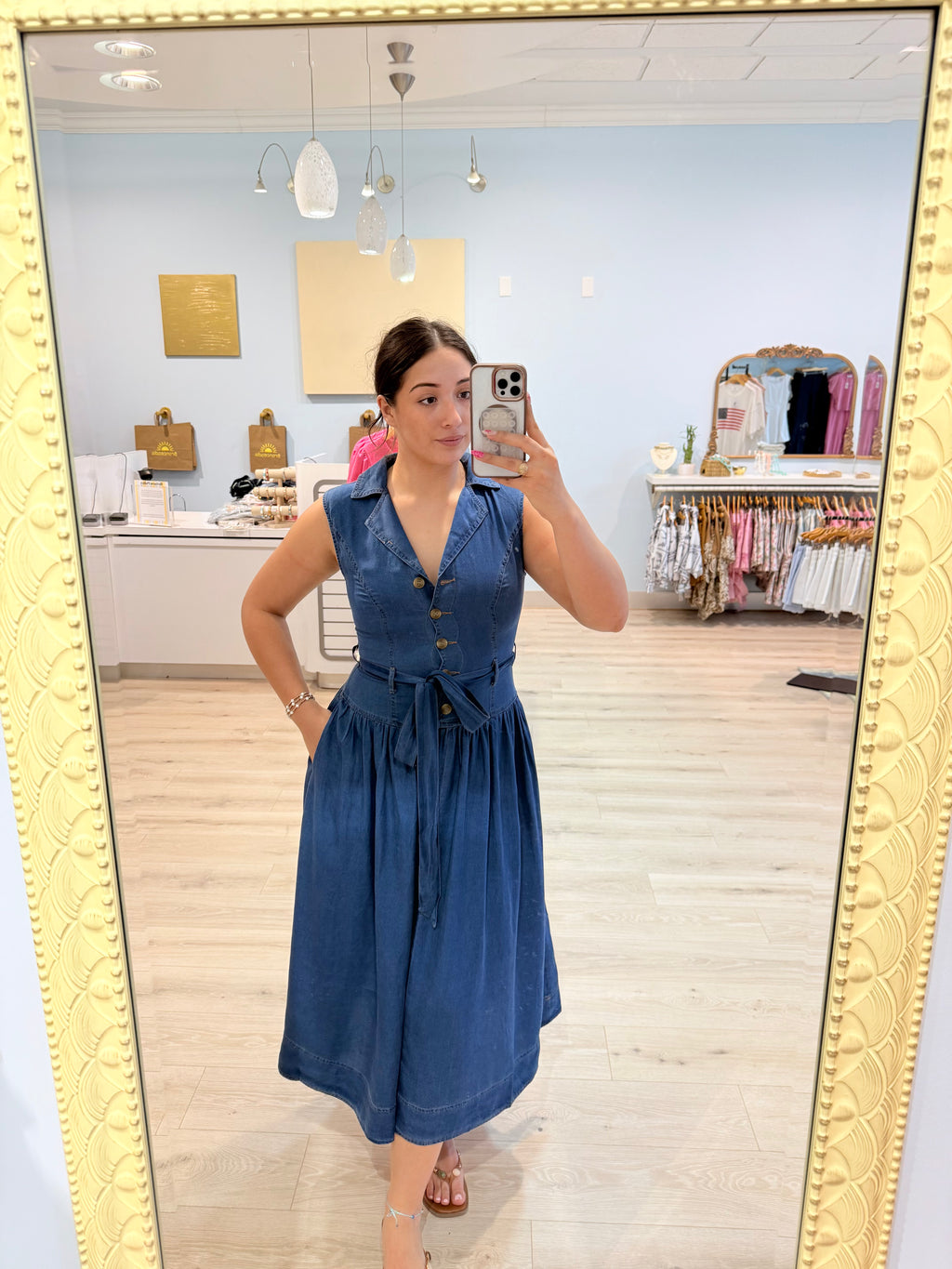 denim drop waist maxi dress w tie