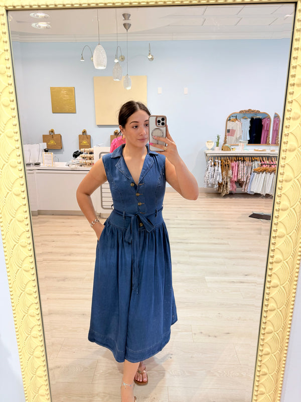 denim drop waist maxi dress w tie
