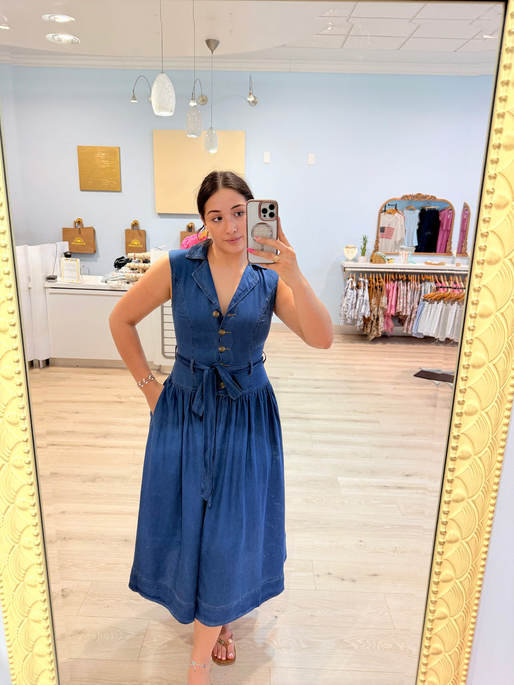 denim drop waist maxi dress w tie