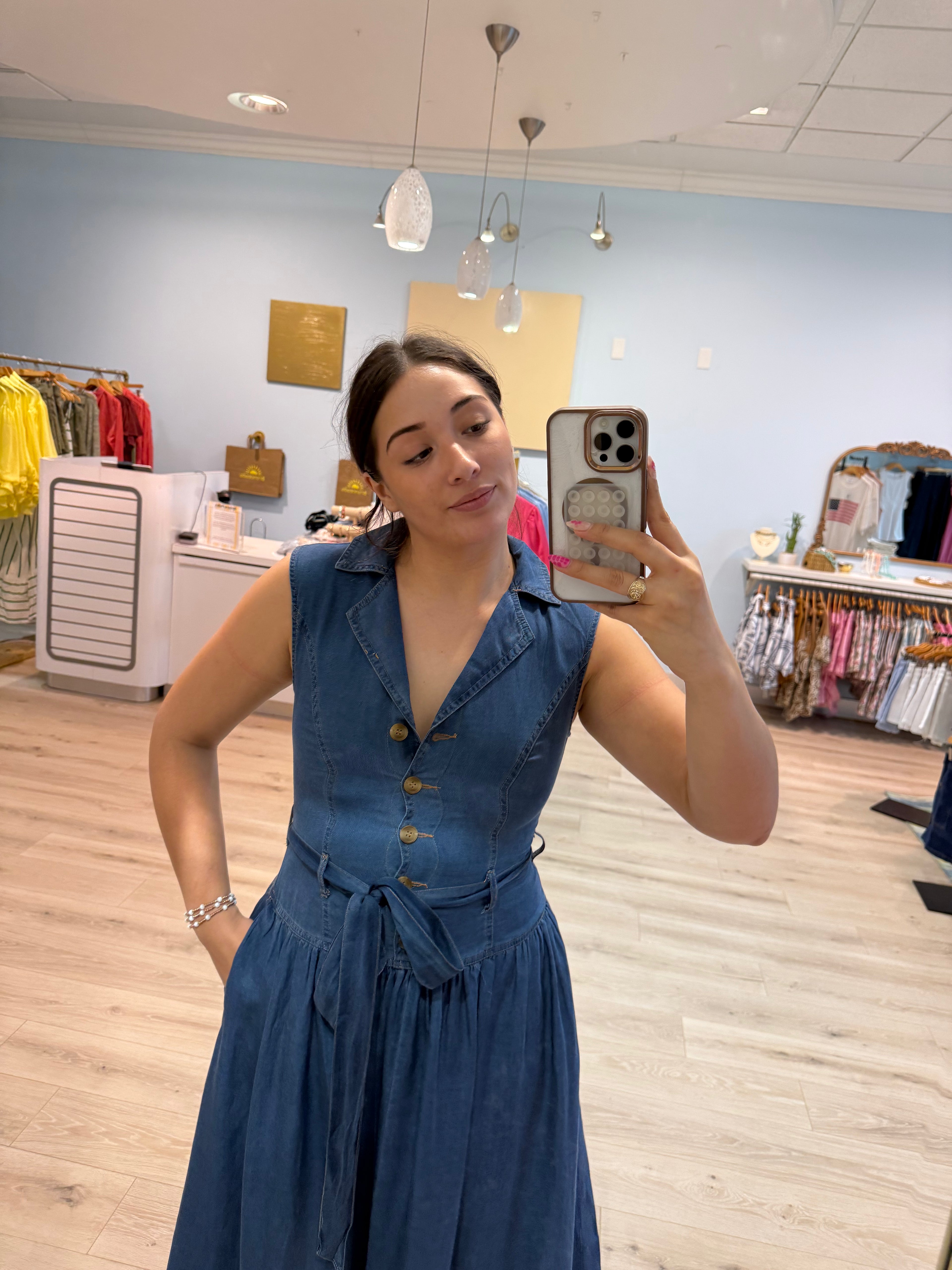 denim drop waist maxi dress w tie