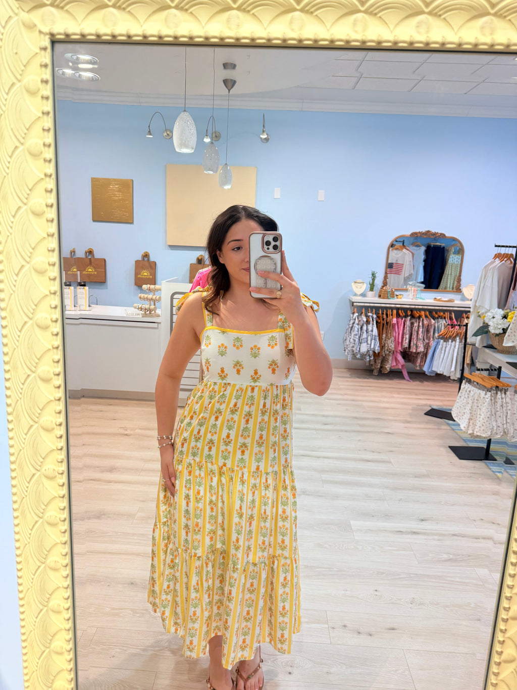 maxi dress with yellow trim and flowers
