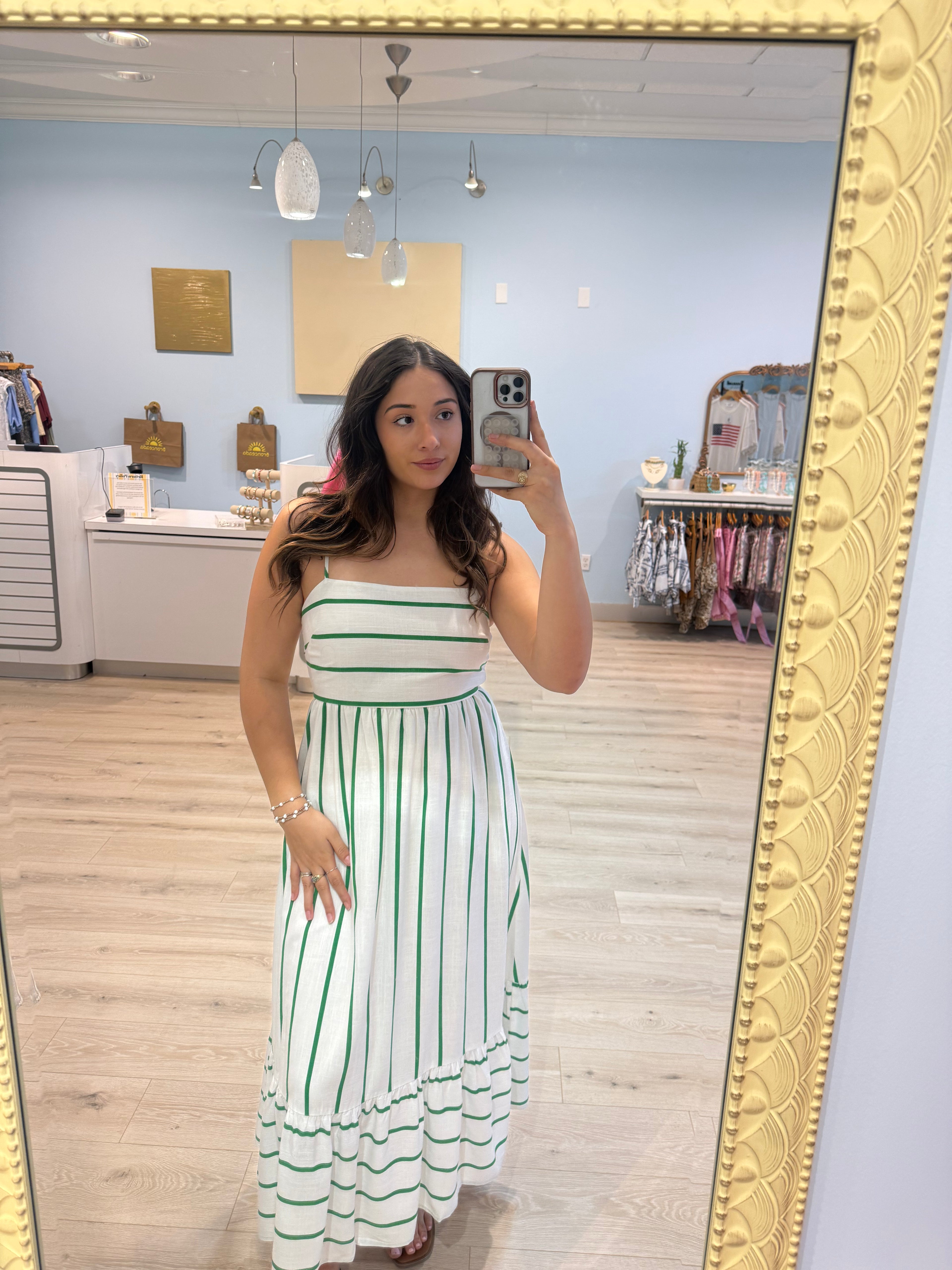 maxi white dress with green stripes