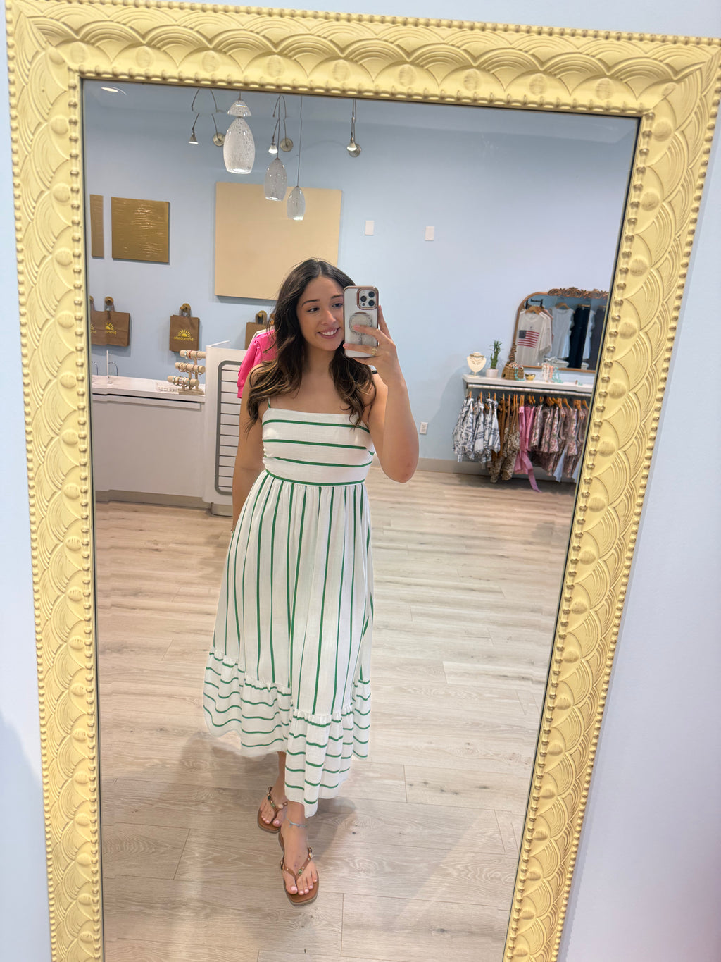 maxi white dress with green stripes