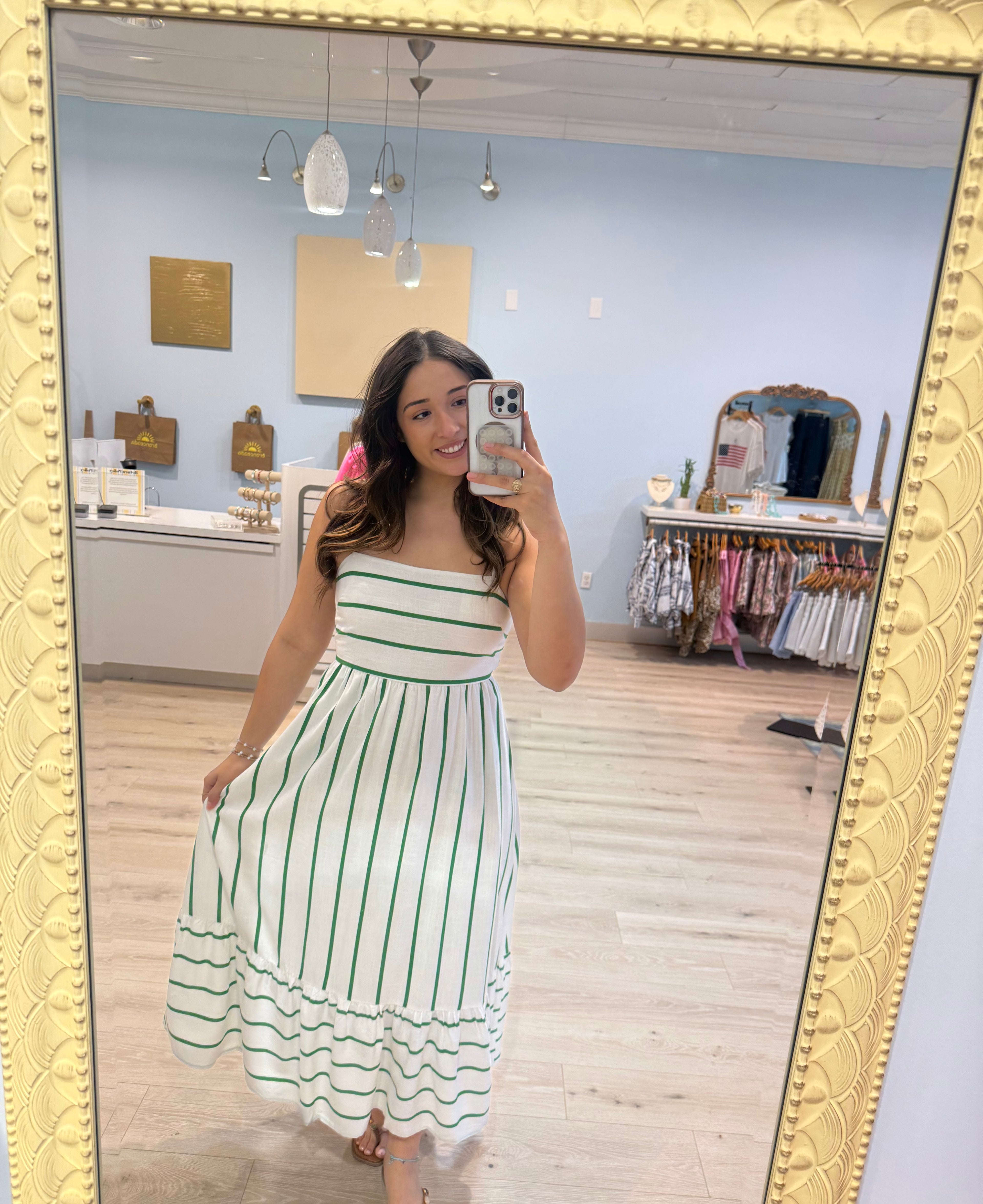 maxi white dress with green stripes