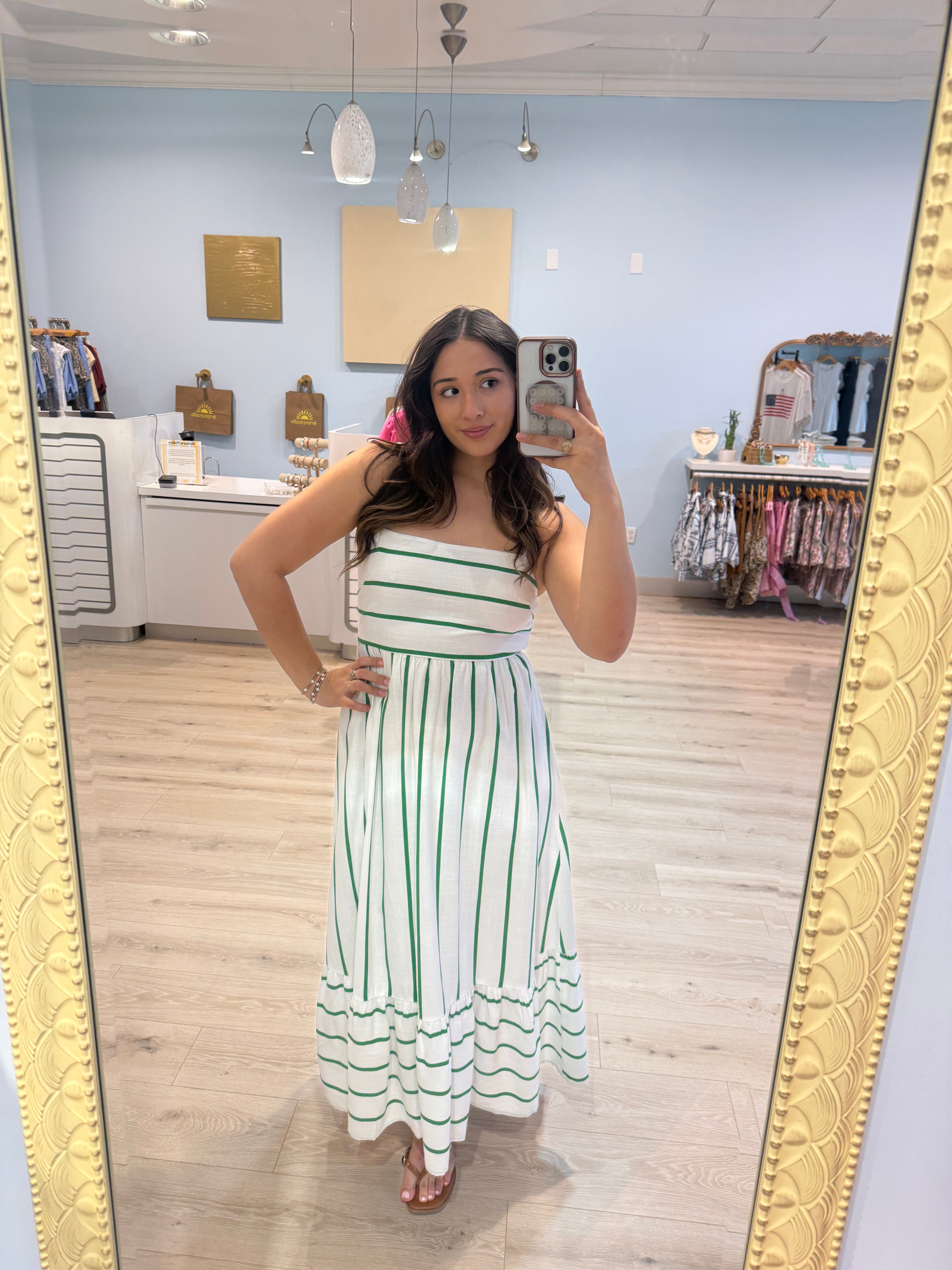 maxi white dress with green stripes