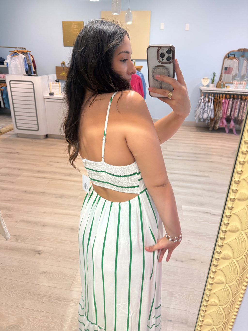 maxi white dress with green stripes