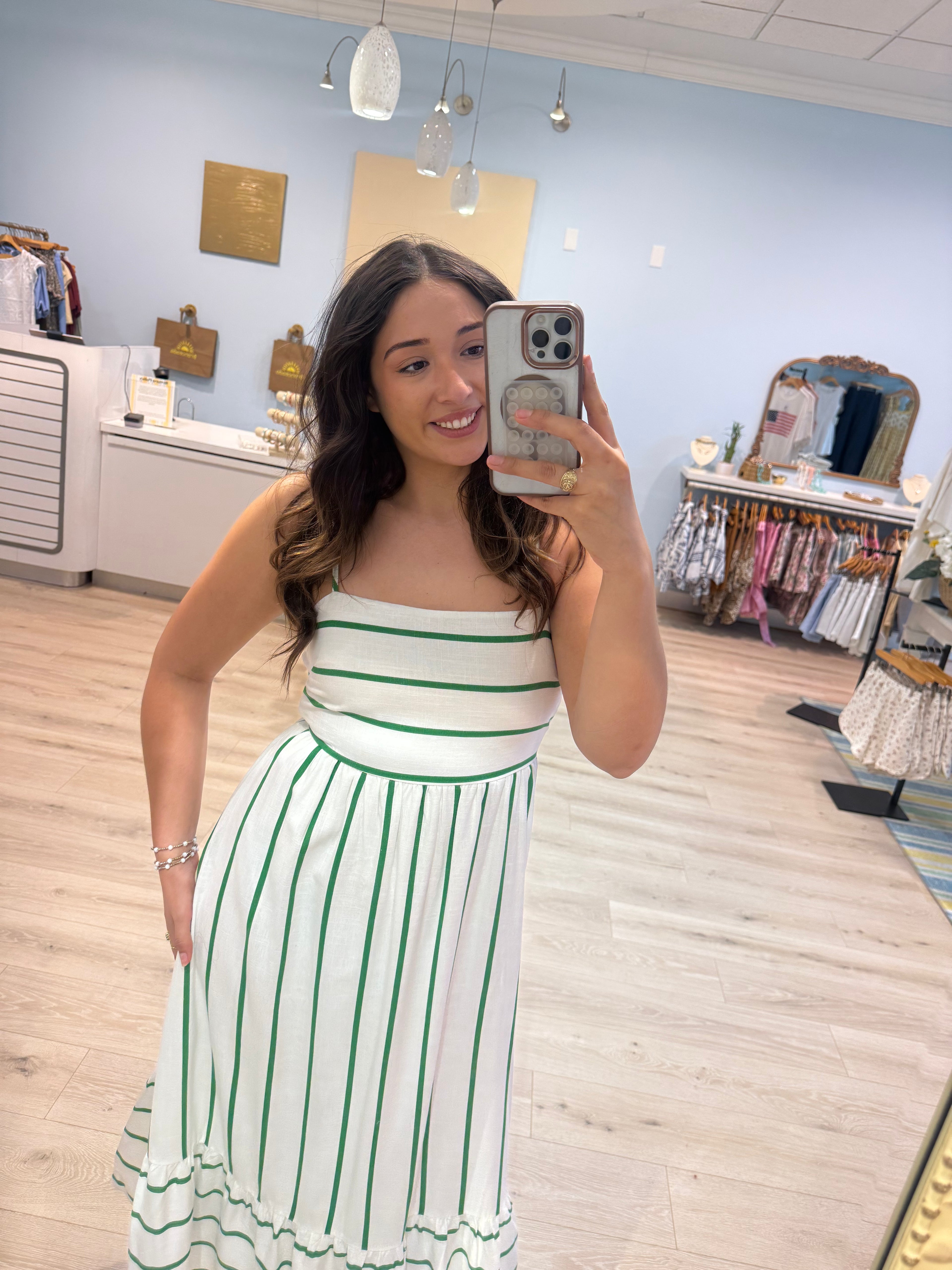 maxi white dress with green stripes