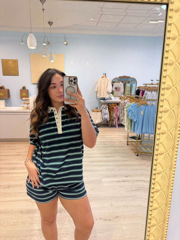 stripped navy collared tee short set