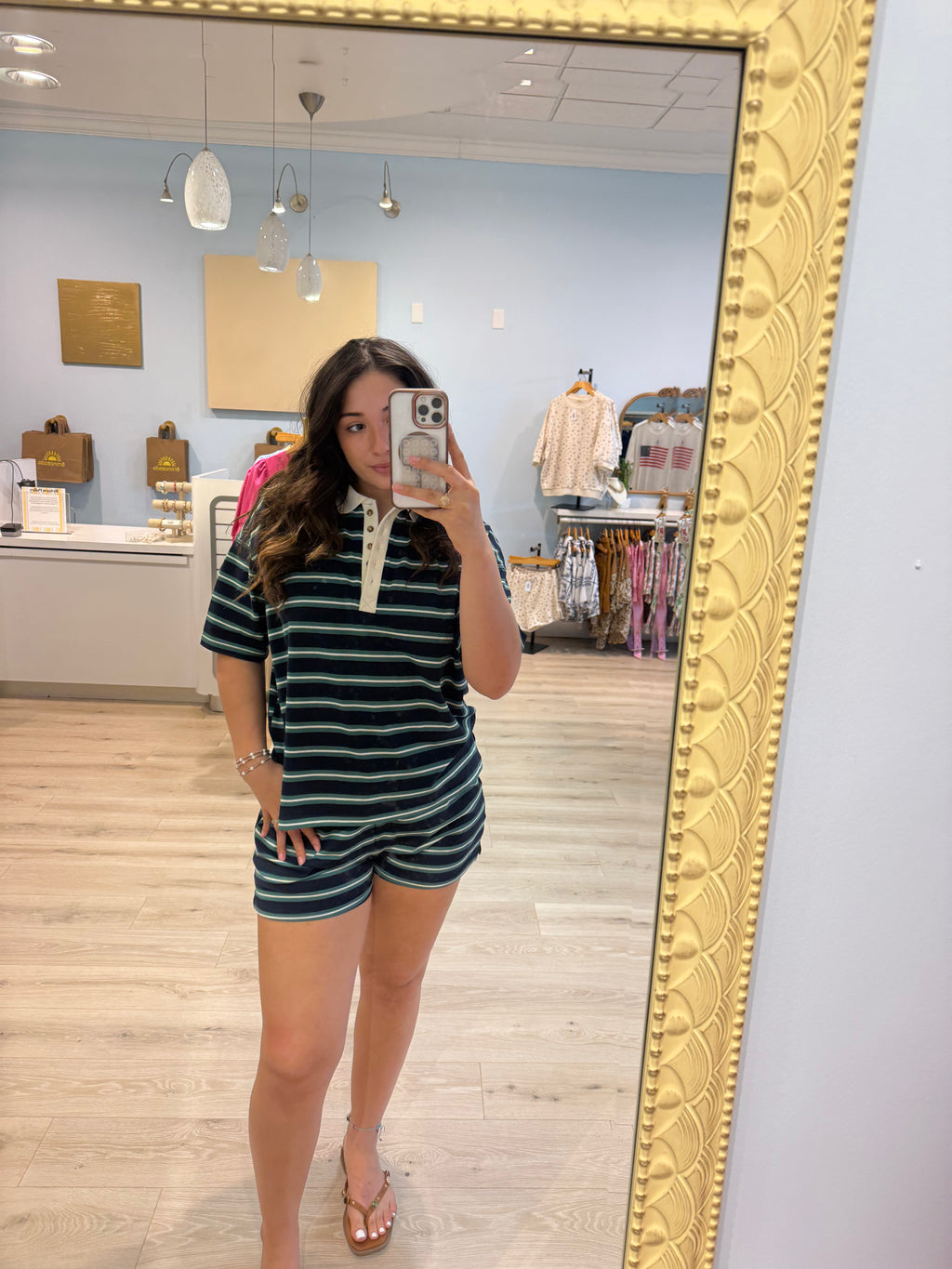 stripped navy collared tee short set