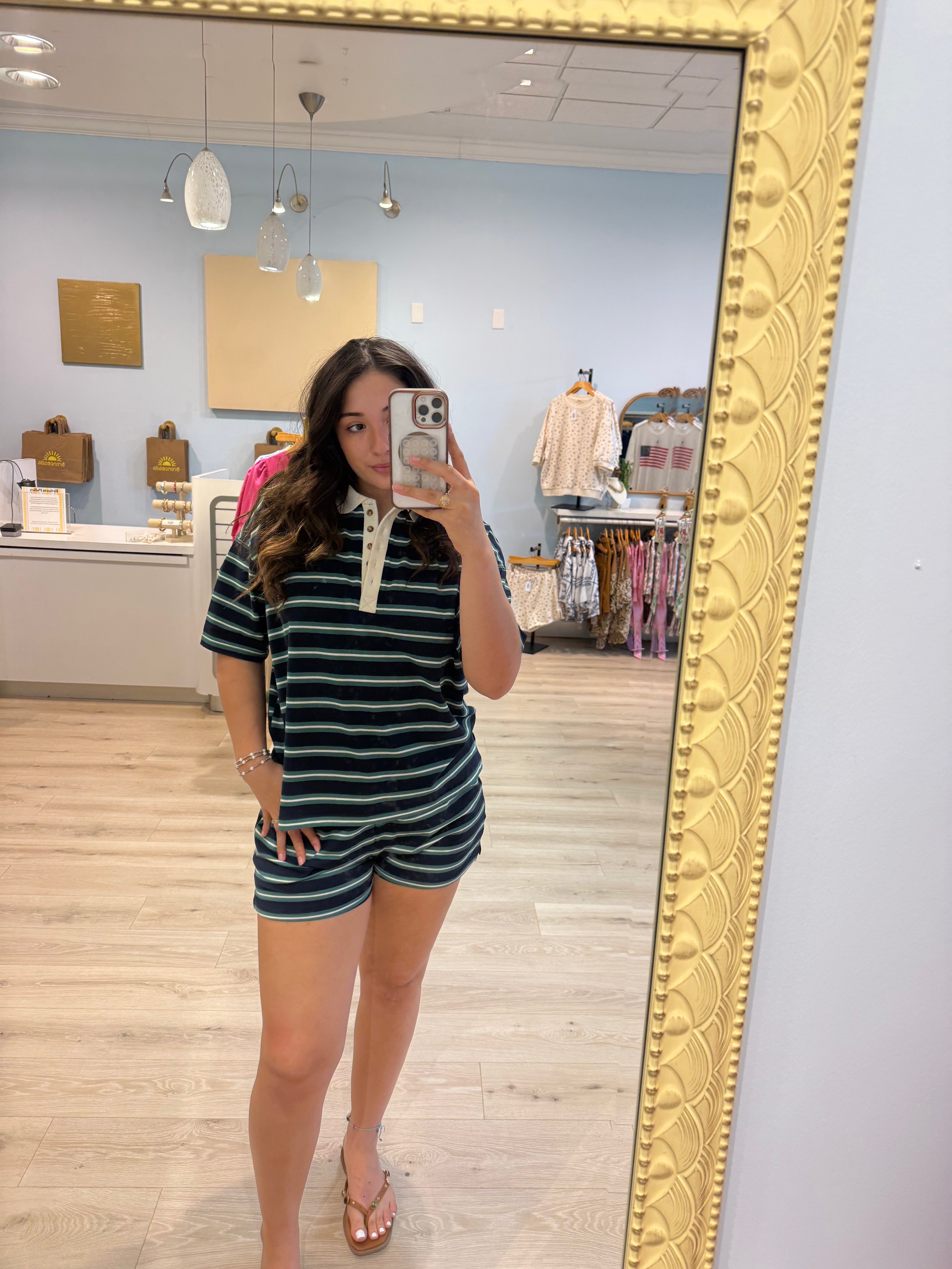 stripped navy collared tee short set