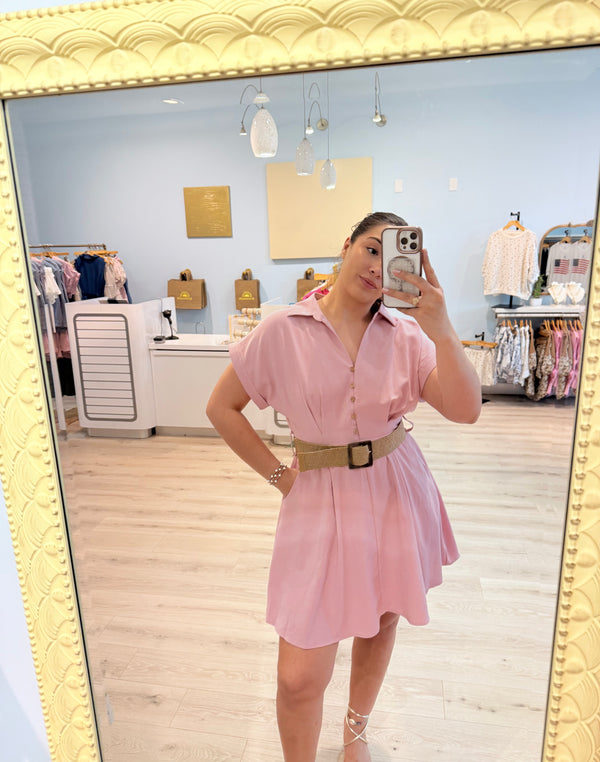 pink dress with woven belt