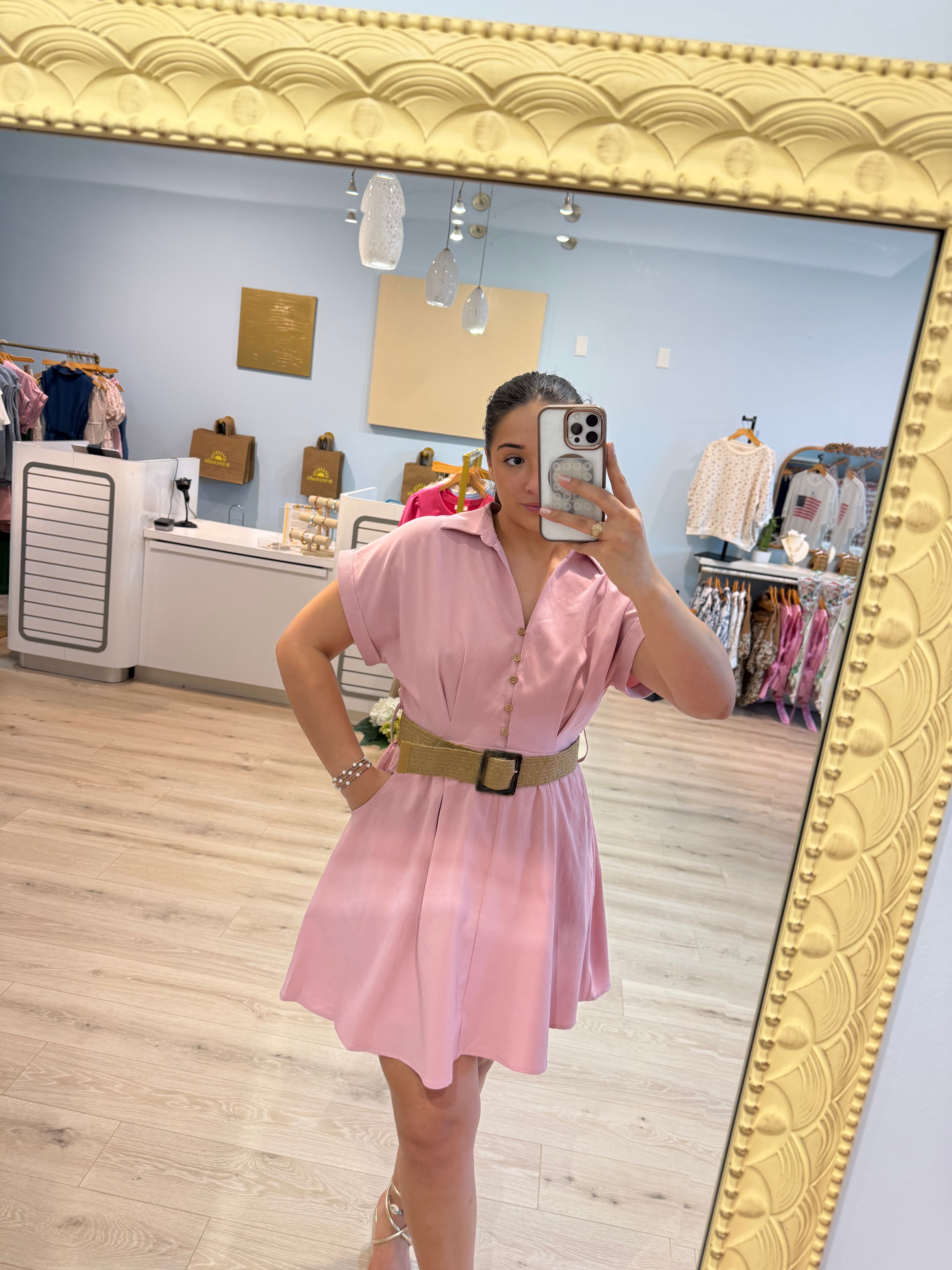 pink dress with woven belt