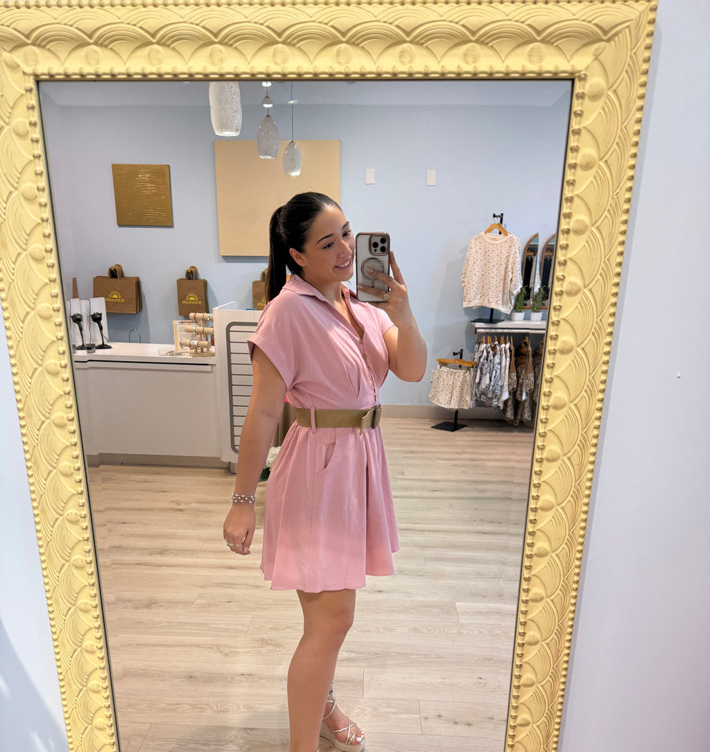 pink dress with woven belt