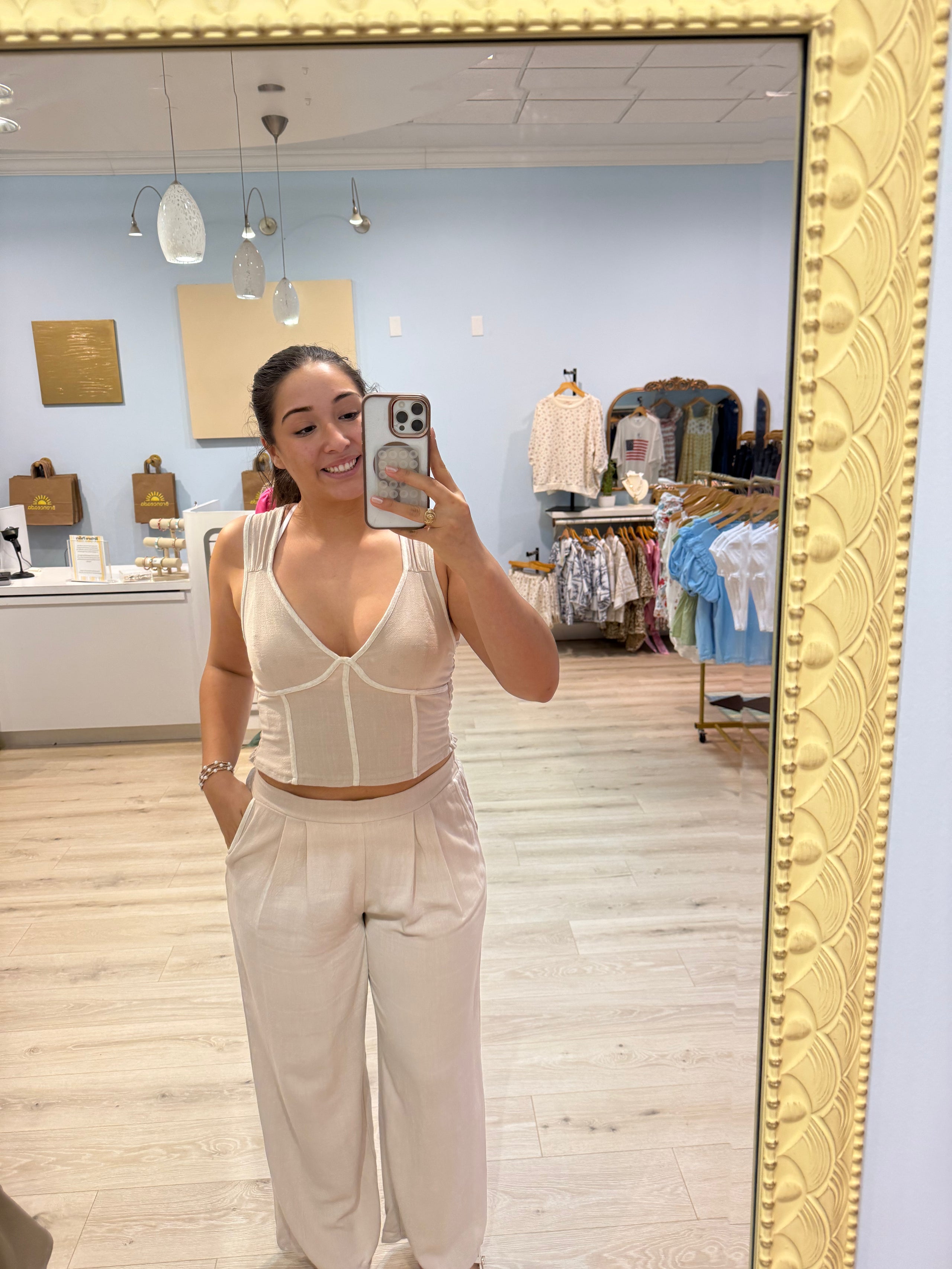 beige two tone tank pant set