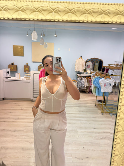 beige two tone tank pant set