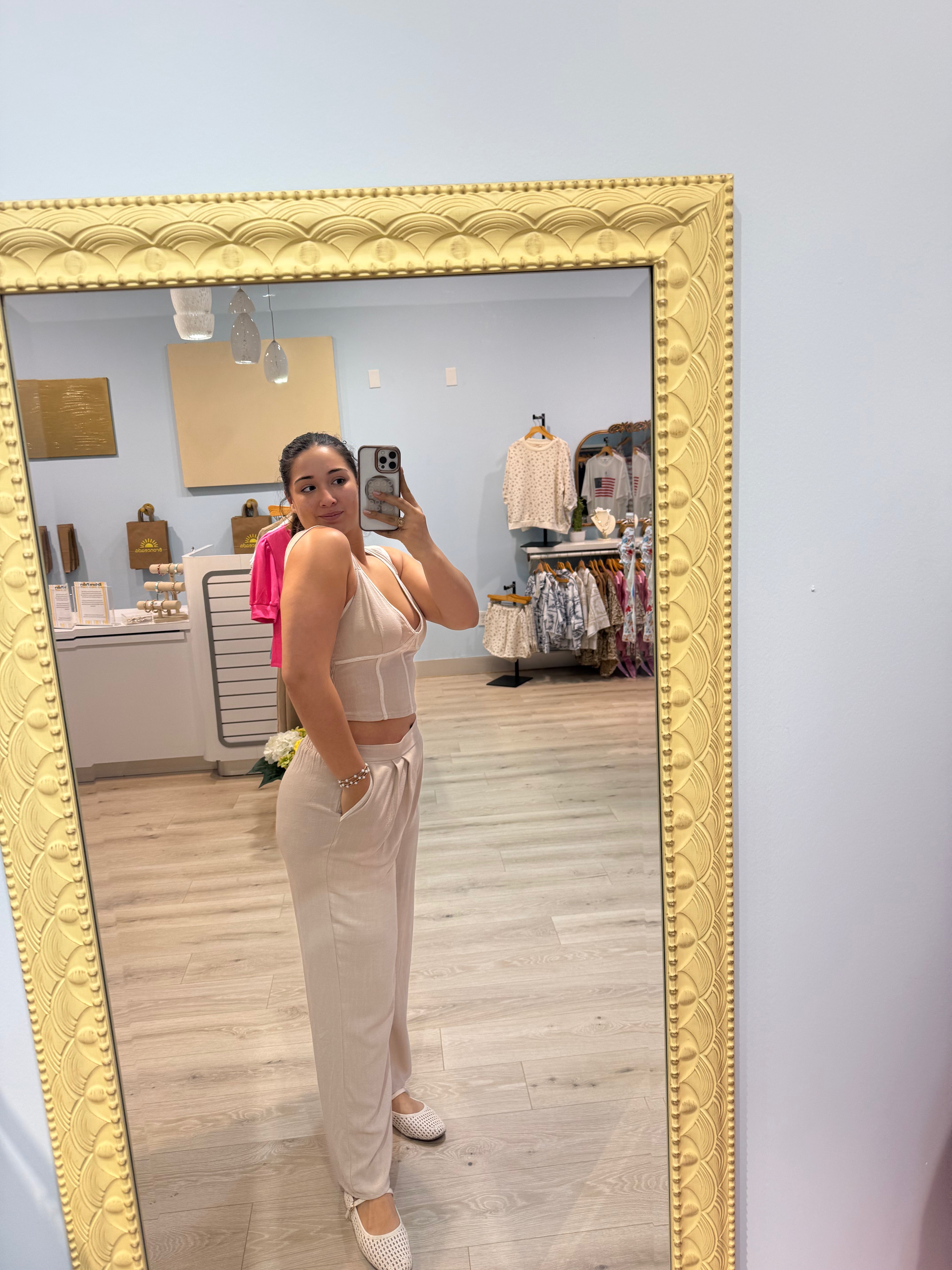 beige two tone tank pant set