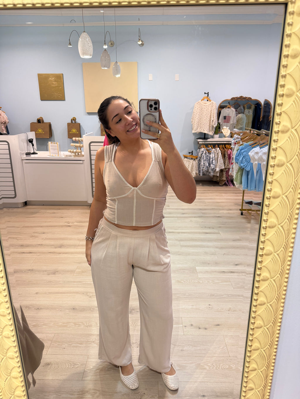 beige two tone tank pant set