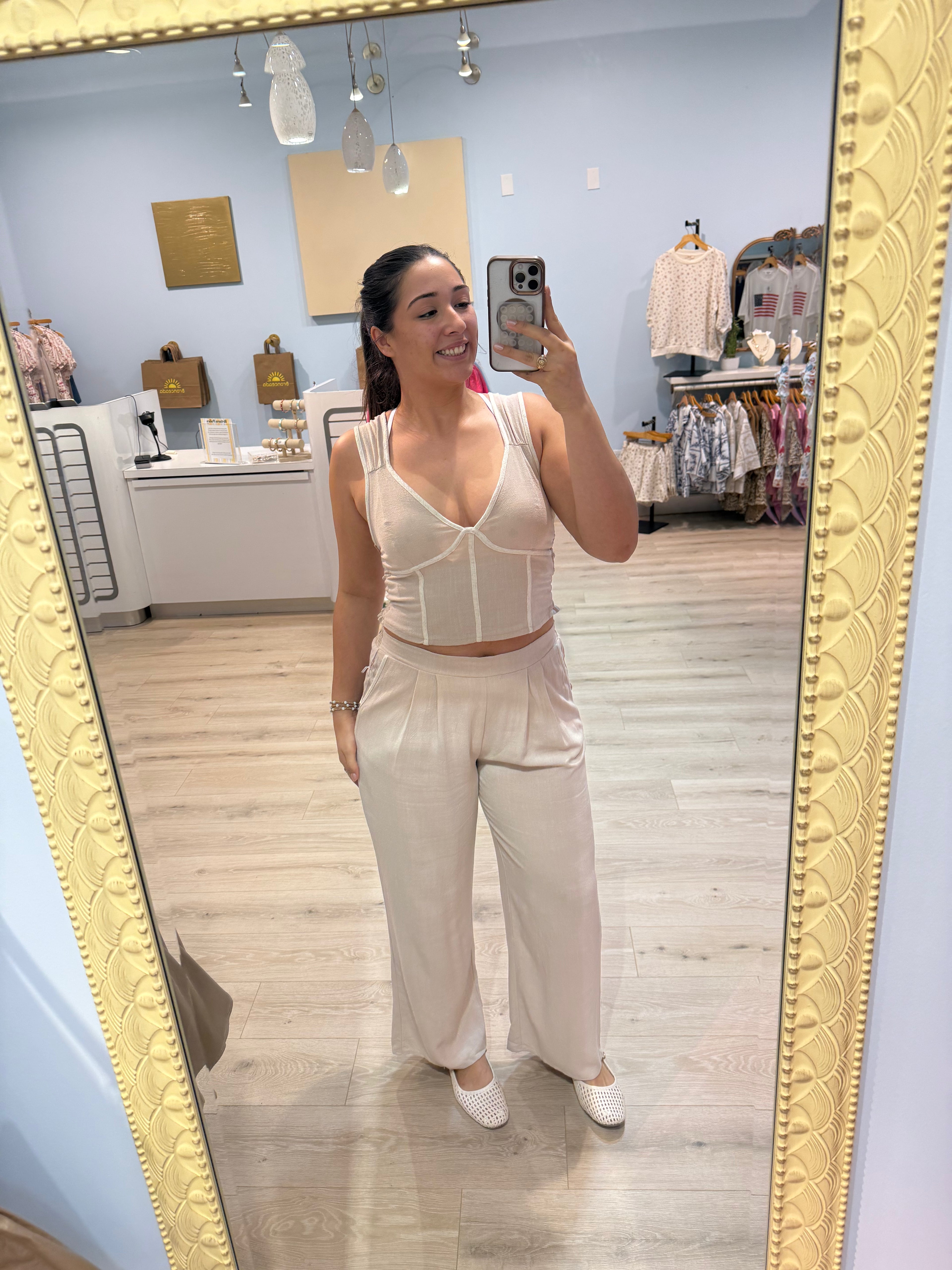 beige two tone tank pant set